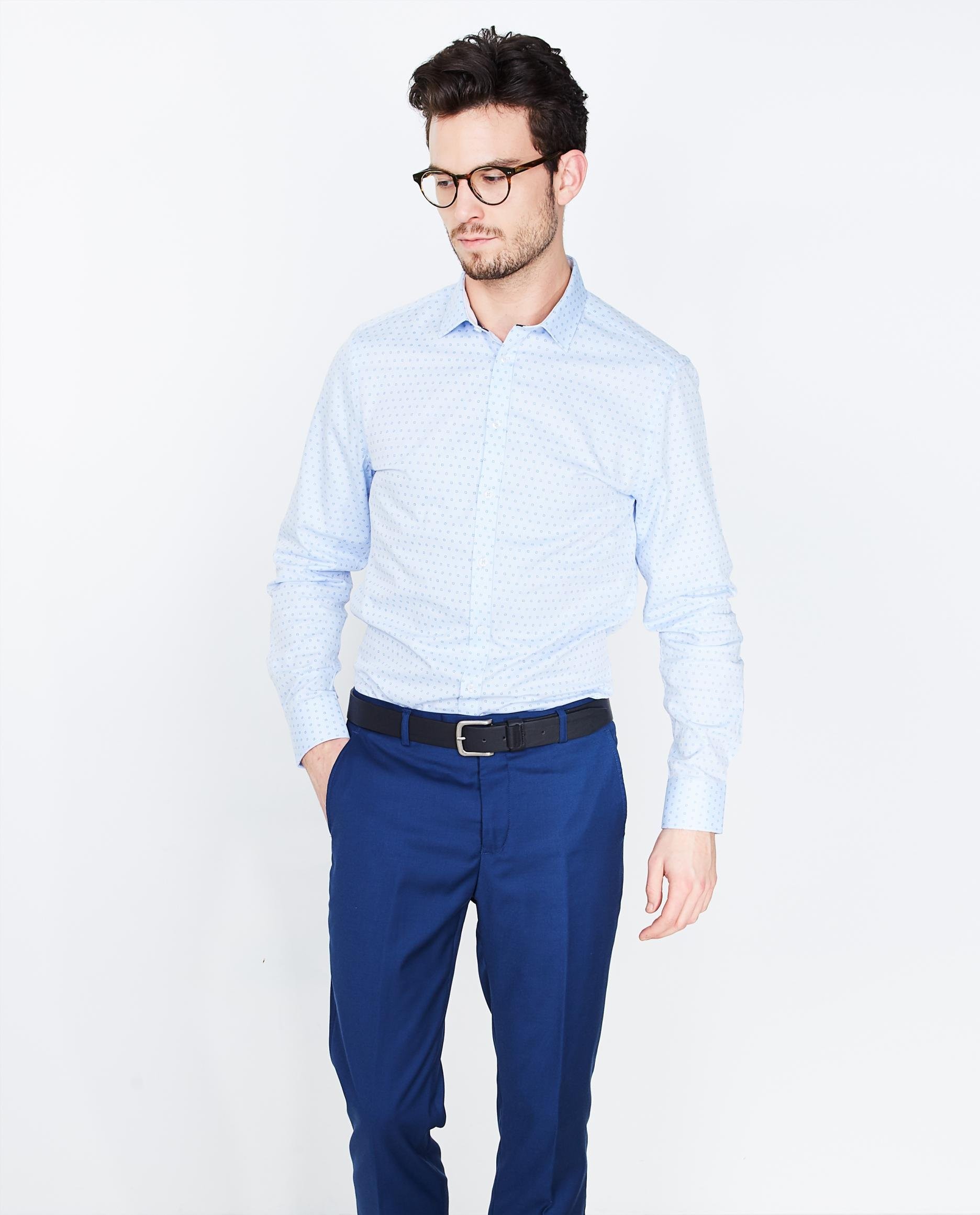 Lichtblauw slim fit hemd - met micro print - Iveo