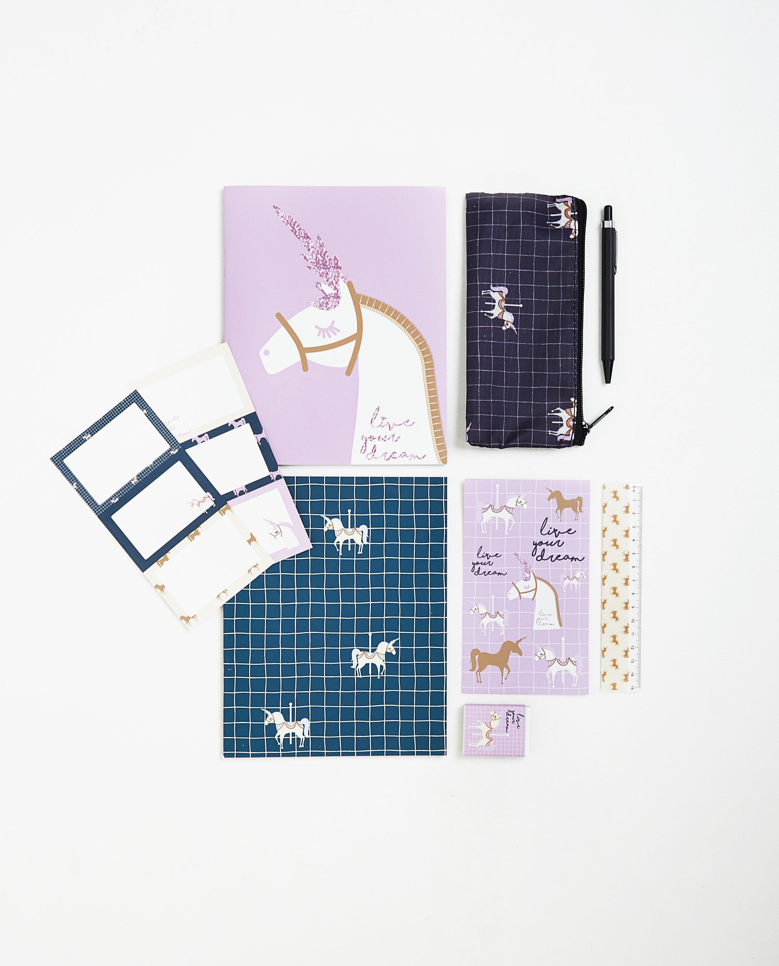 Set van schoolspullen - met eenhoornprint + pennenzak - JBC