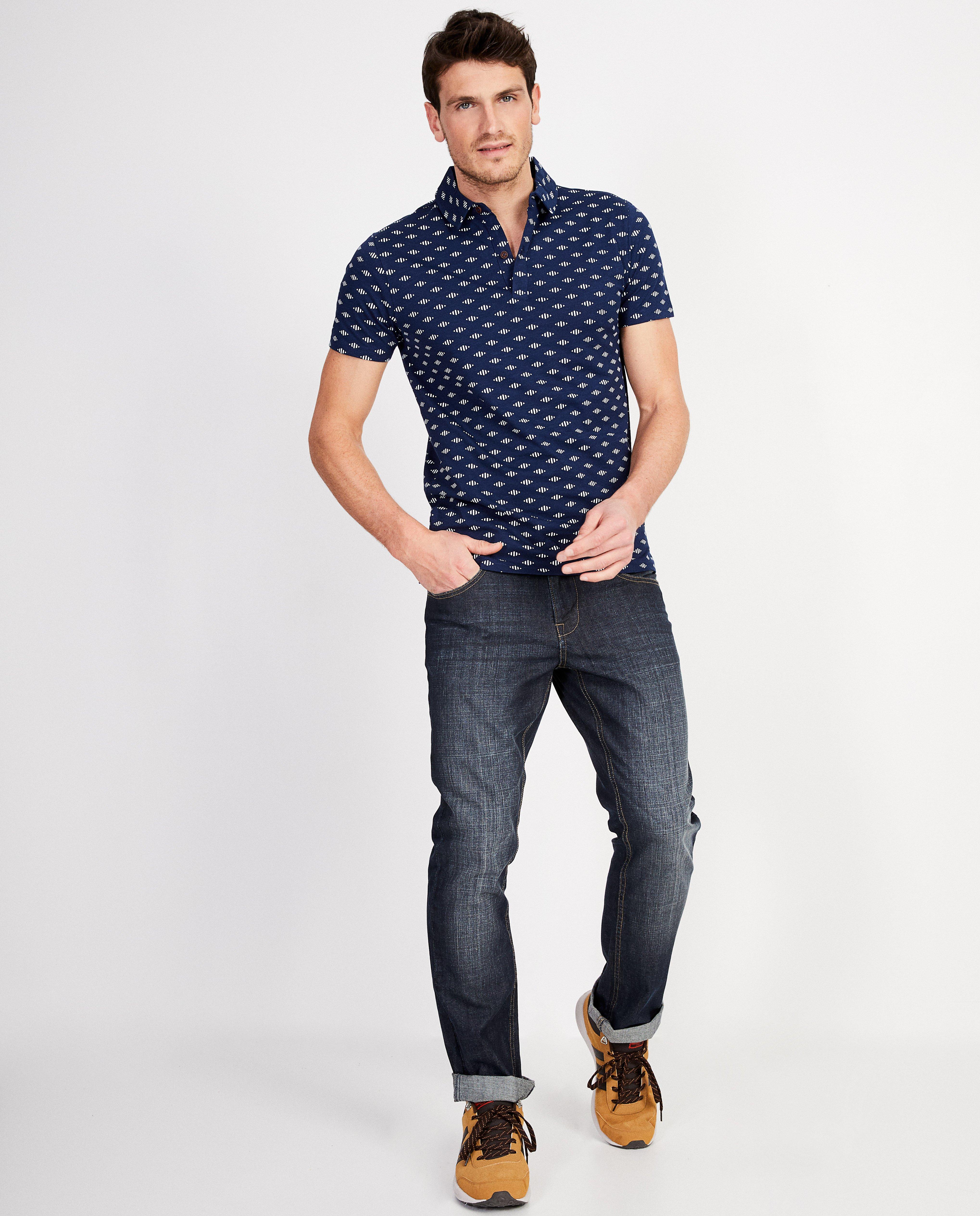 Blauwe polo met ruitjesprint - Witte print - JBC