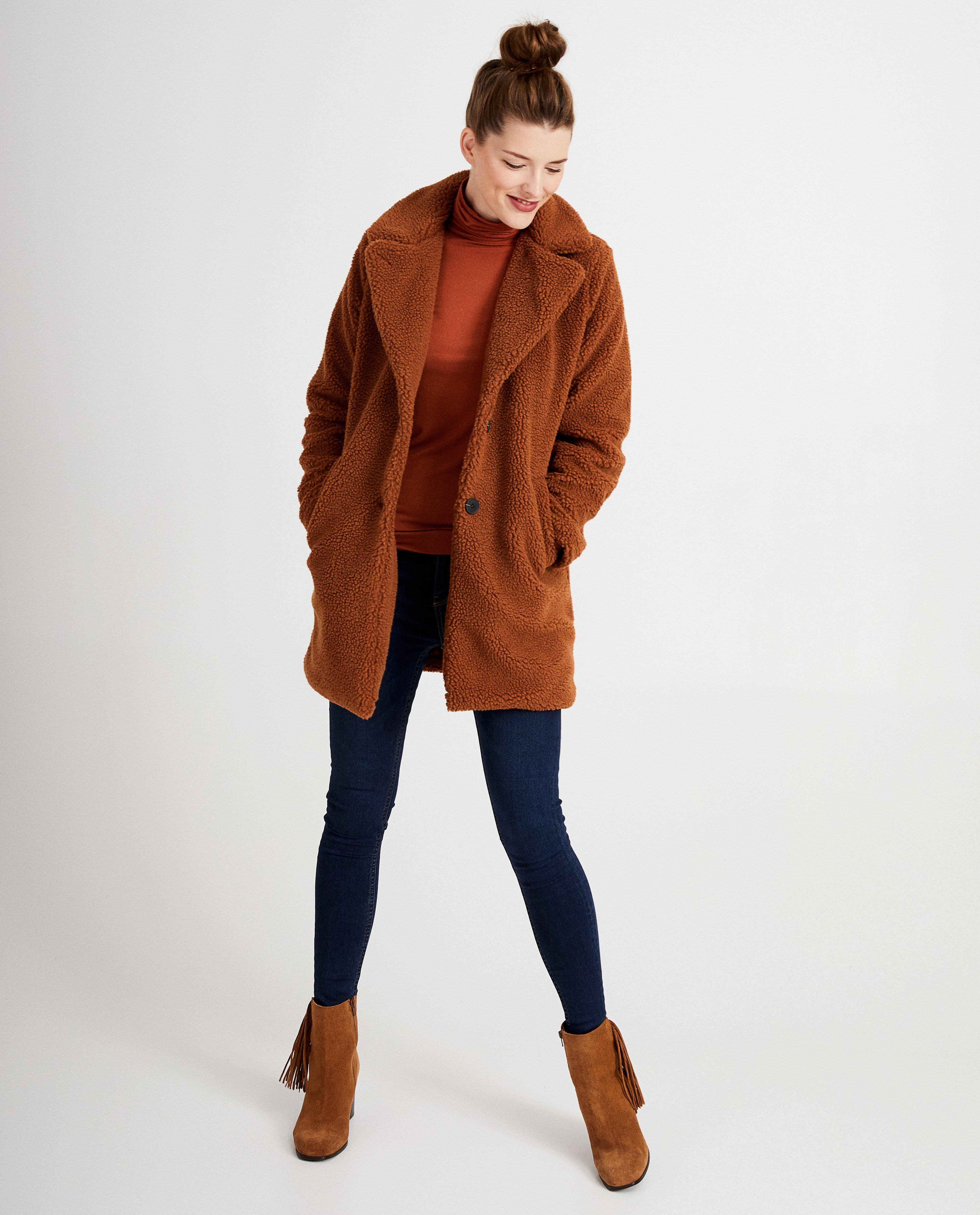 Veste brune en teddy Sora - coupe longue - JBC
