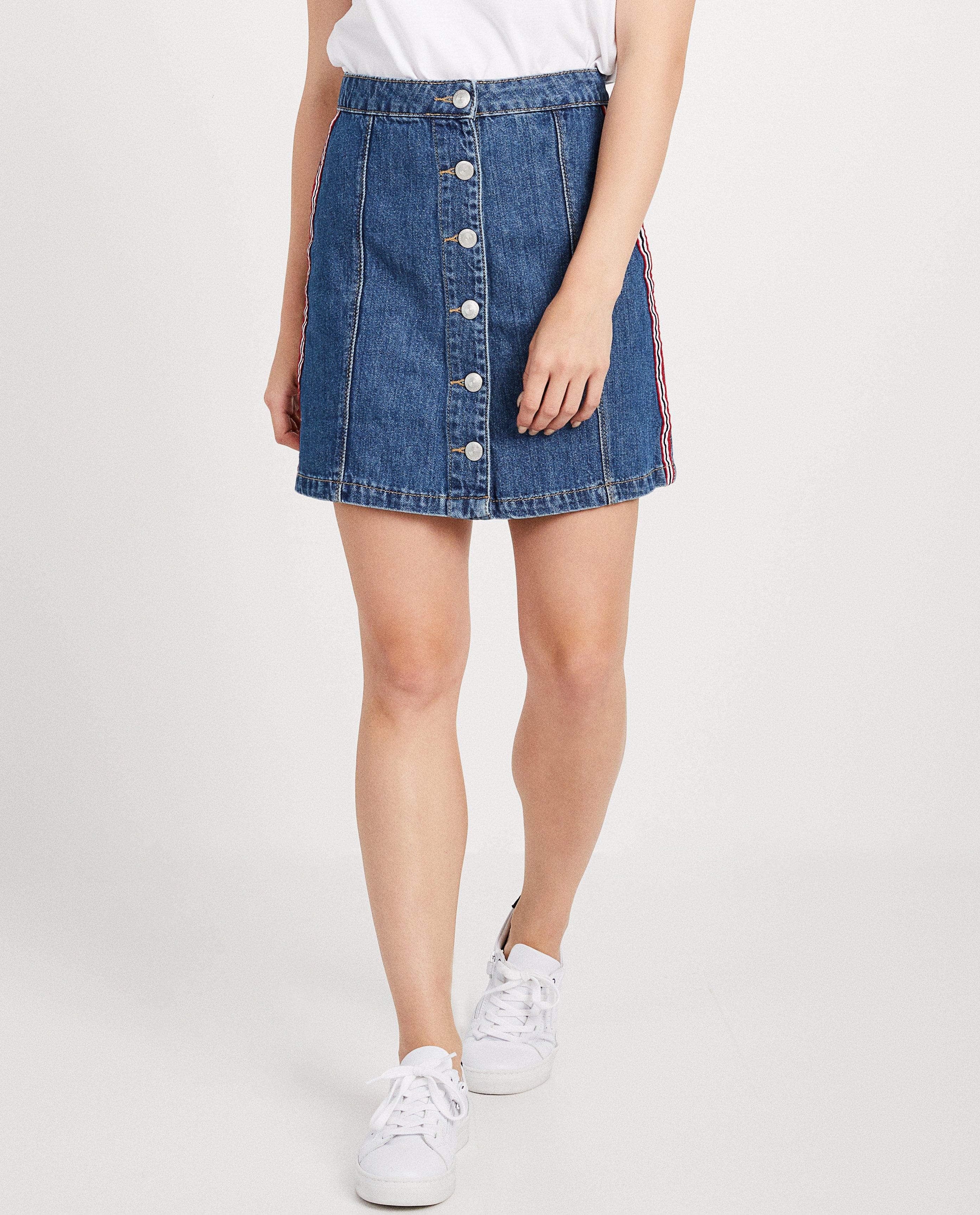 Rokken - Blauwe jeansrok met streep
