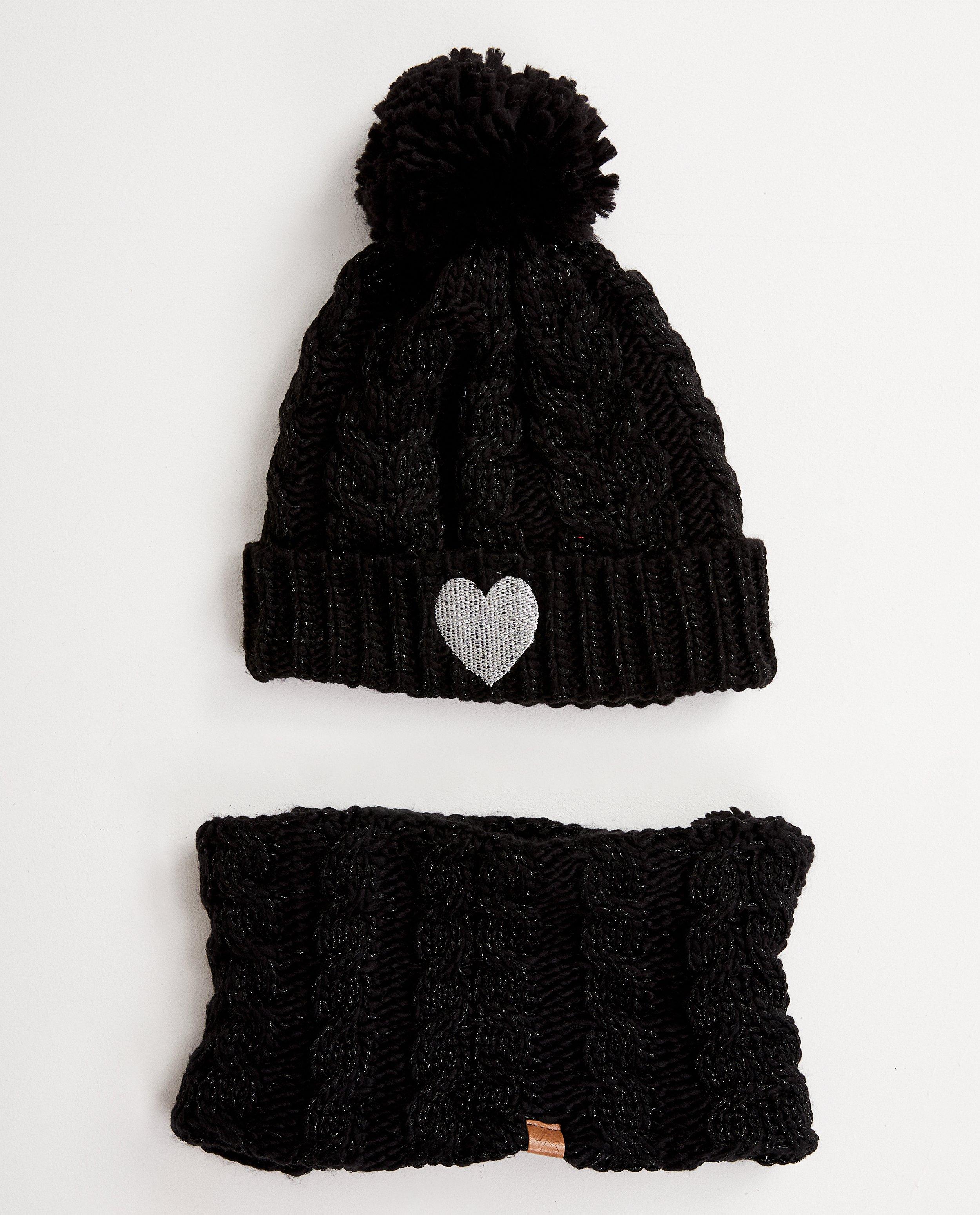 Bonnet + col châle noirs - pompon et petit cœur - JBC