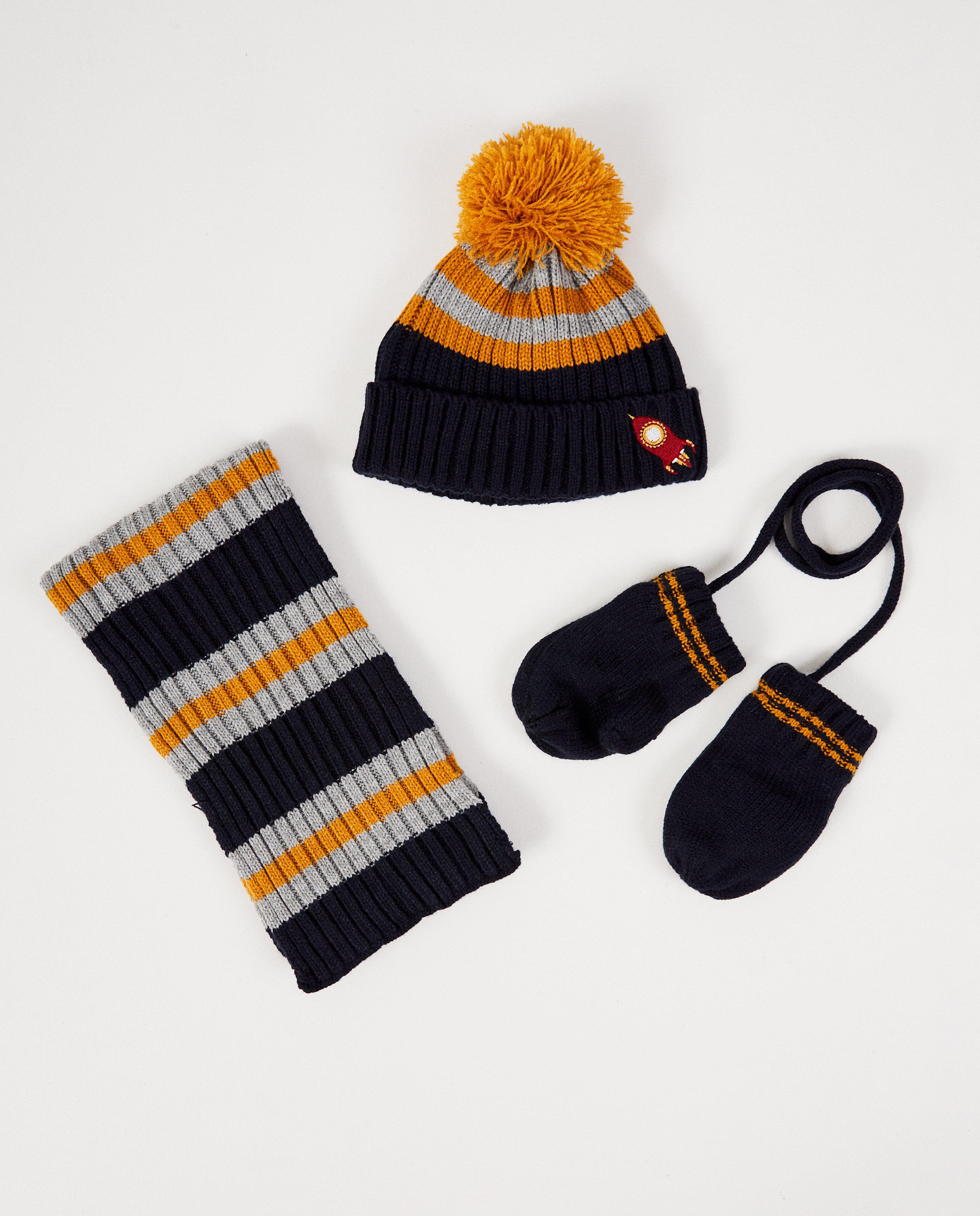 Set van sjaal, muts en wanten - in blauw, geel en grijs - JBC