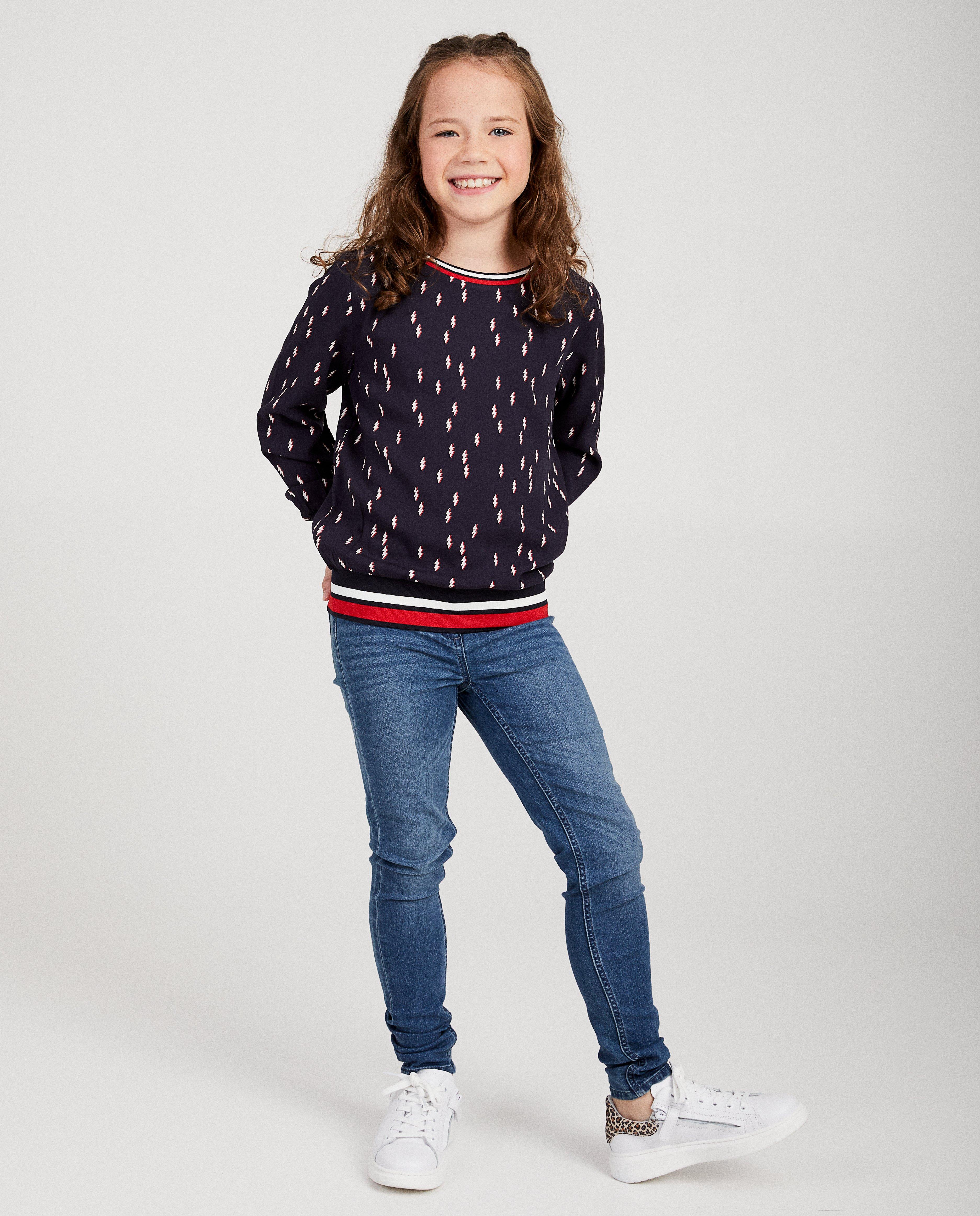 Blauwe blouse met bliksemschichten - print in rood en wit - Fish & Chips