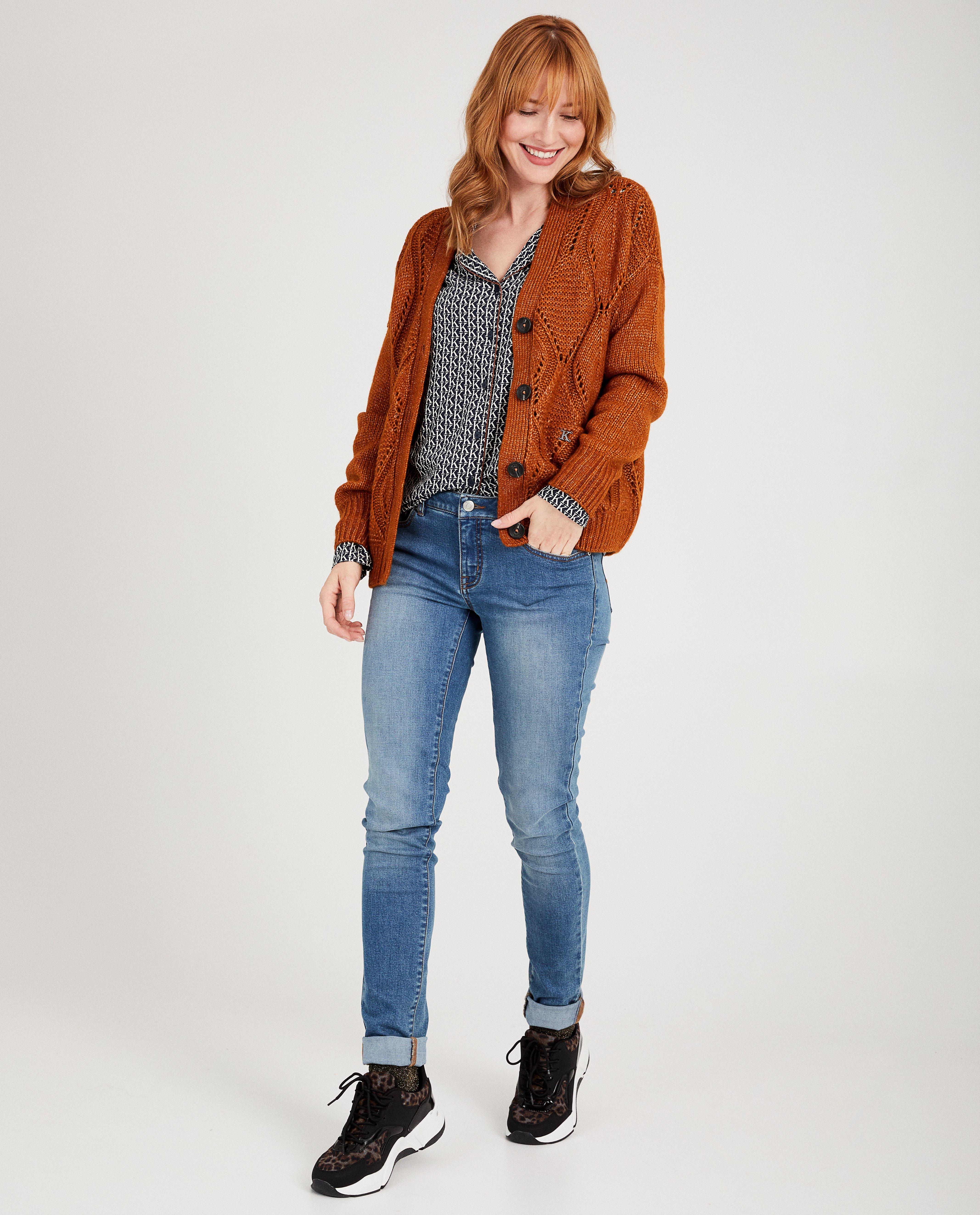 Roestbruin vest Karen Damen - met gebreid patroon - Karen Damen