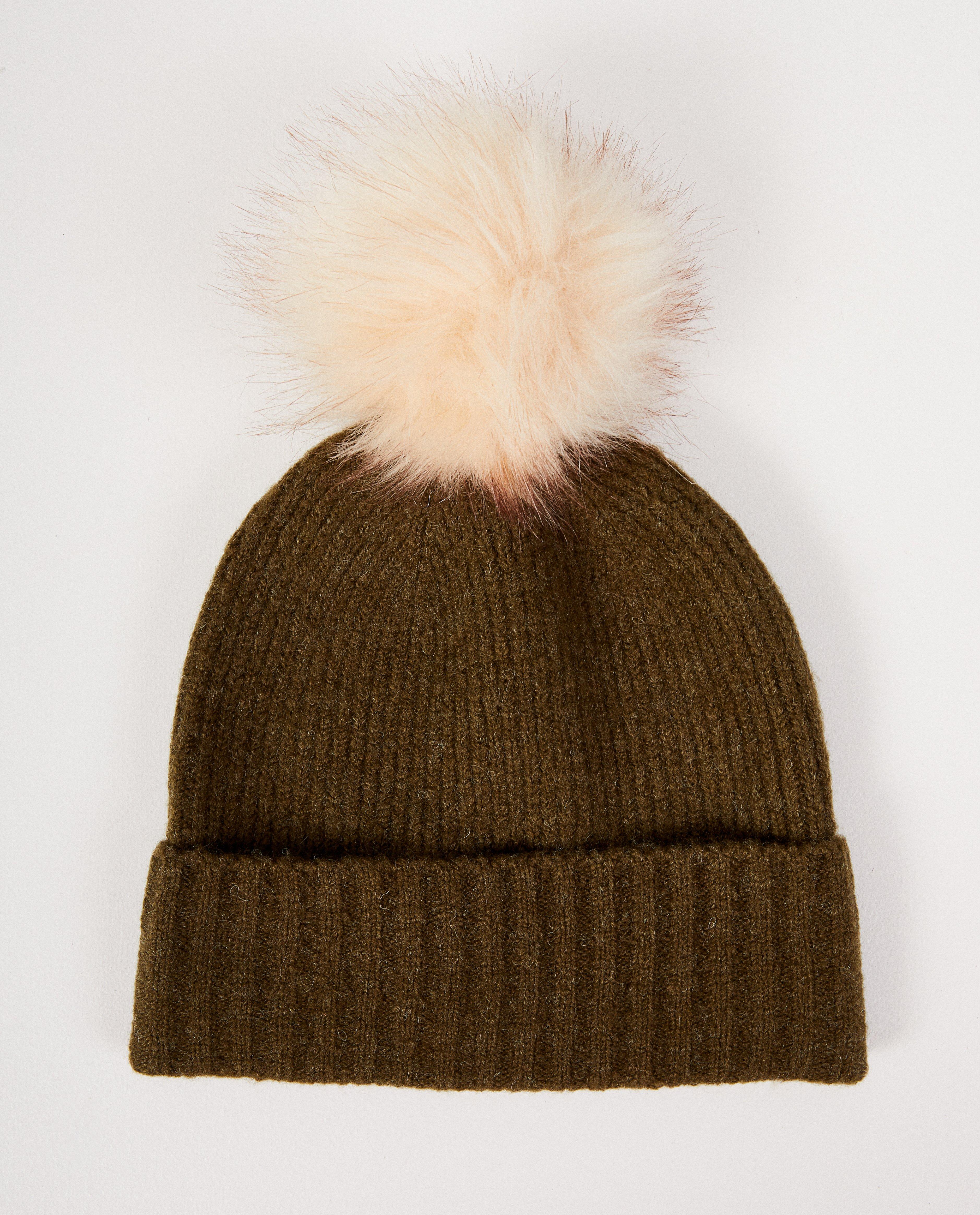 Kakigroene muts met pompon Pieces - fijne brei - Pieces