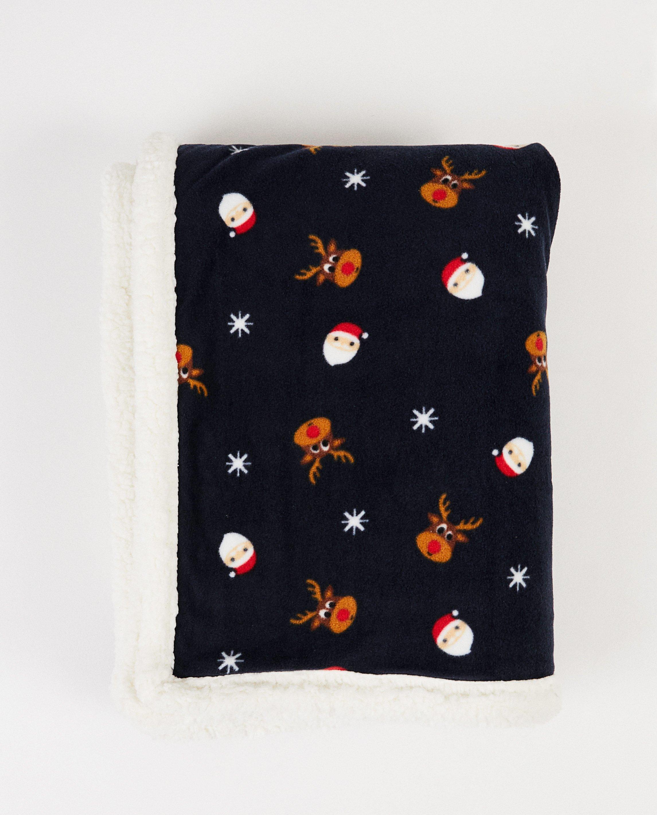 Donkerblauw deken van fleece - met kerstprint - JBC