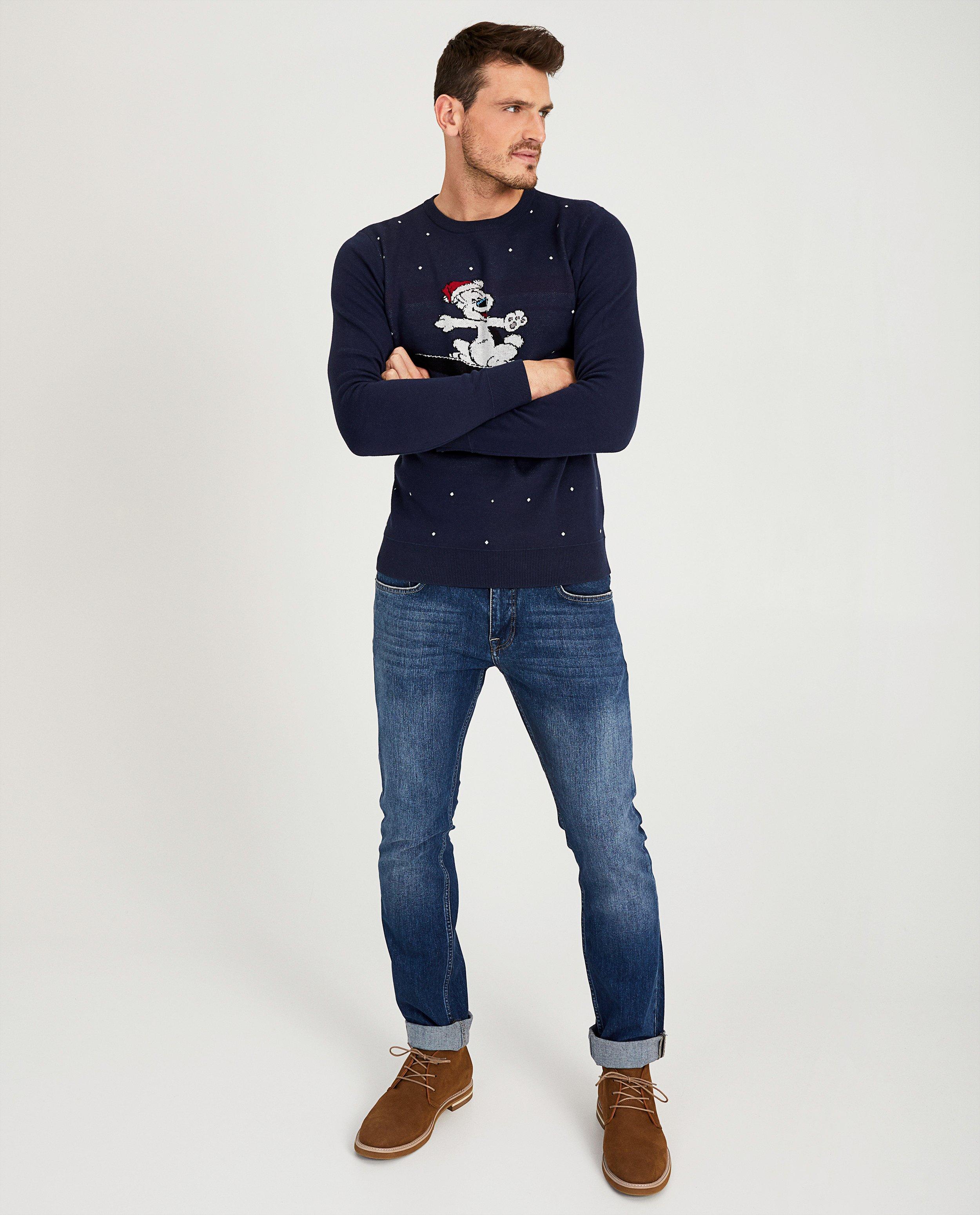 Pull de Noël bleu, Samson - #familystoriesJBC - Fred & Samson