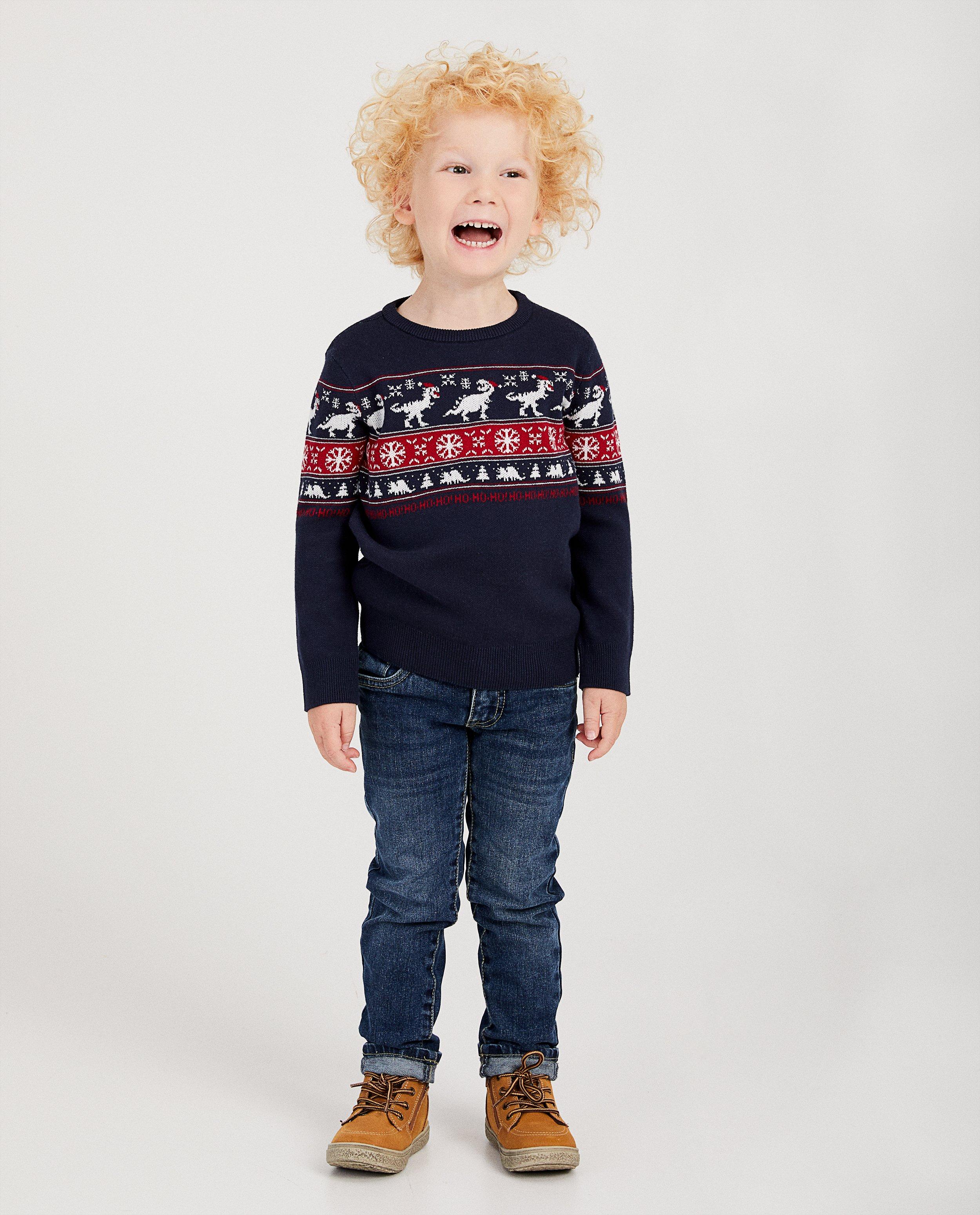 Pull de Noël bleu dino, 2-7 ans - dinos rouges et blancs - JBC