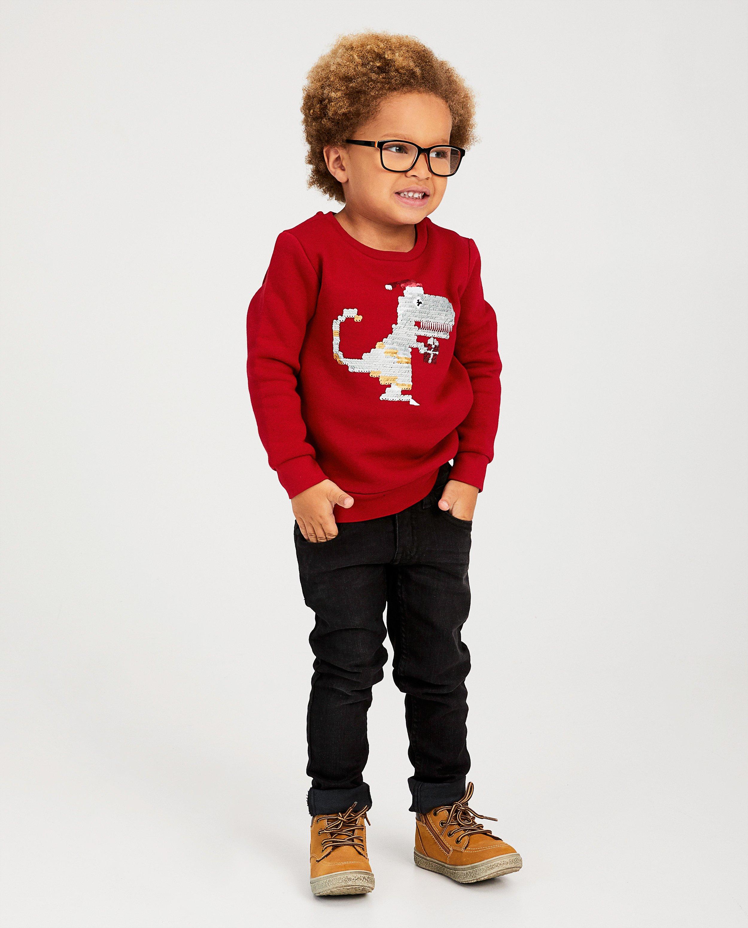 Rode sweater met dino - swipe pailletten - JBC
