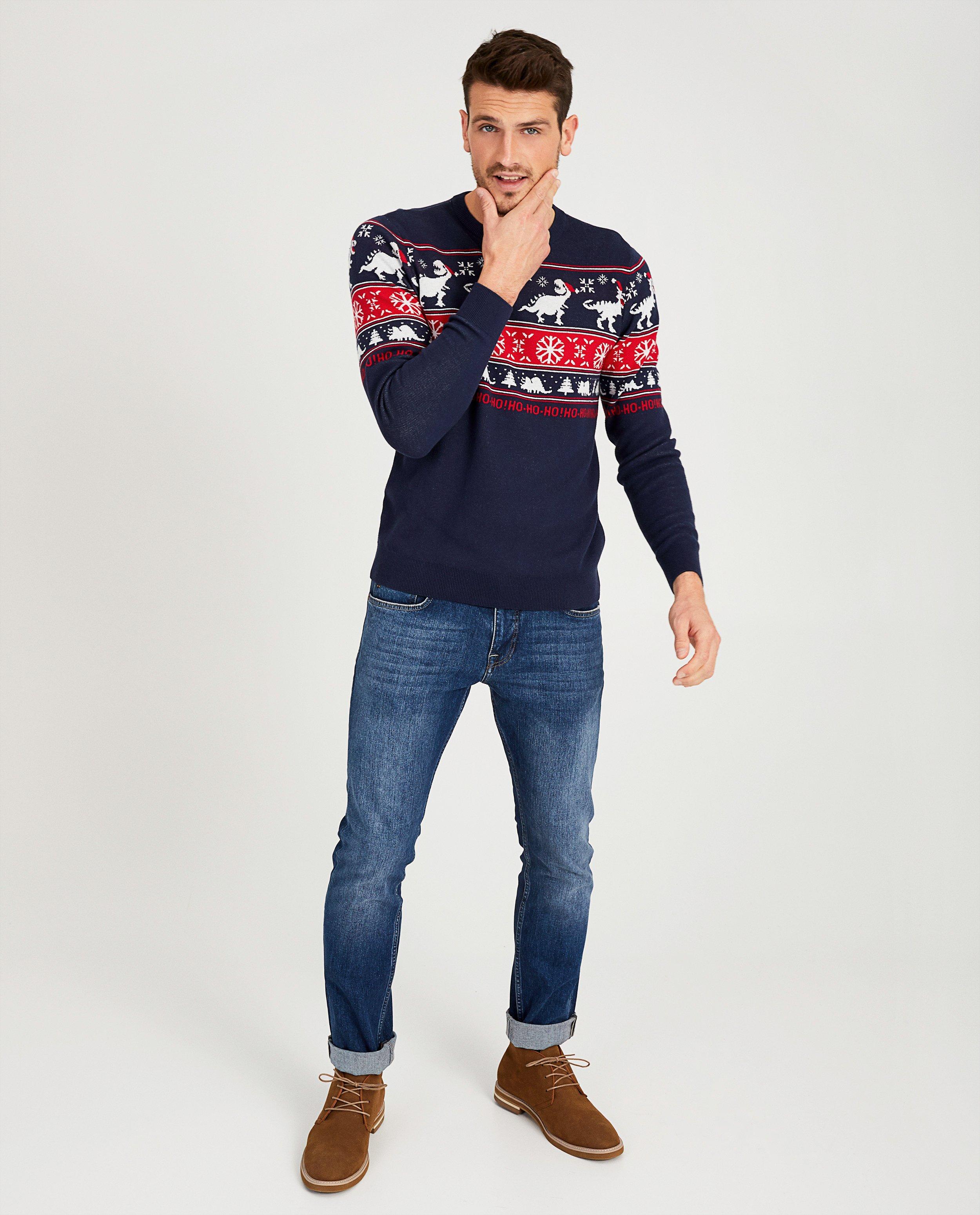 Blauwe dino-trui - print in rood en wit - Quarterback