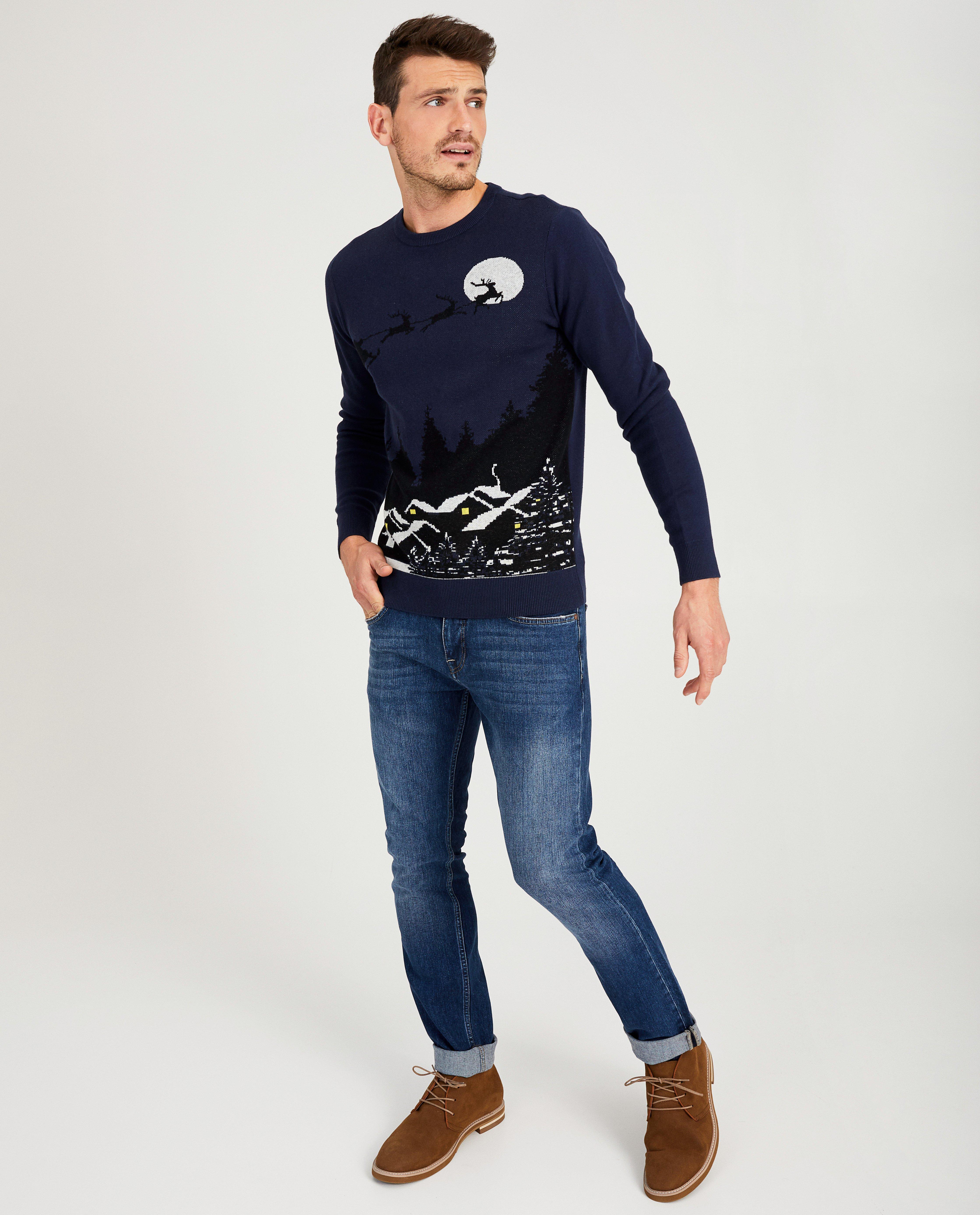 Pull de Noël bleu, imprimé - bonhomme de neige + luge - Quarterback