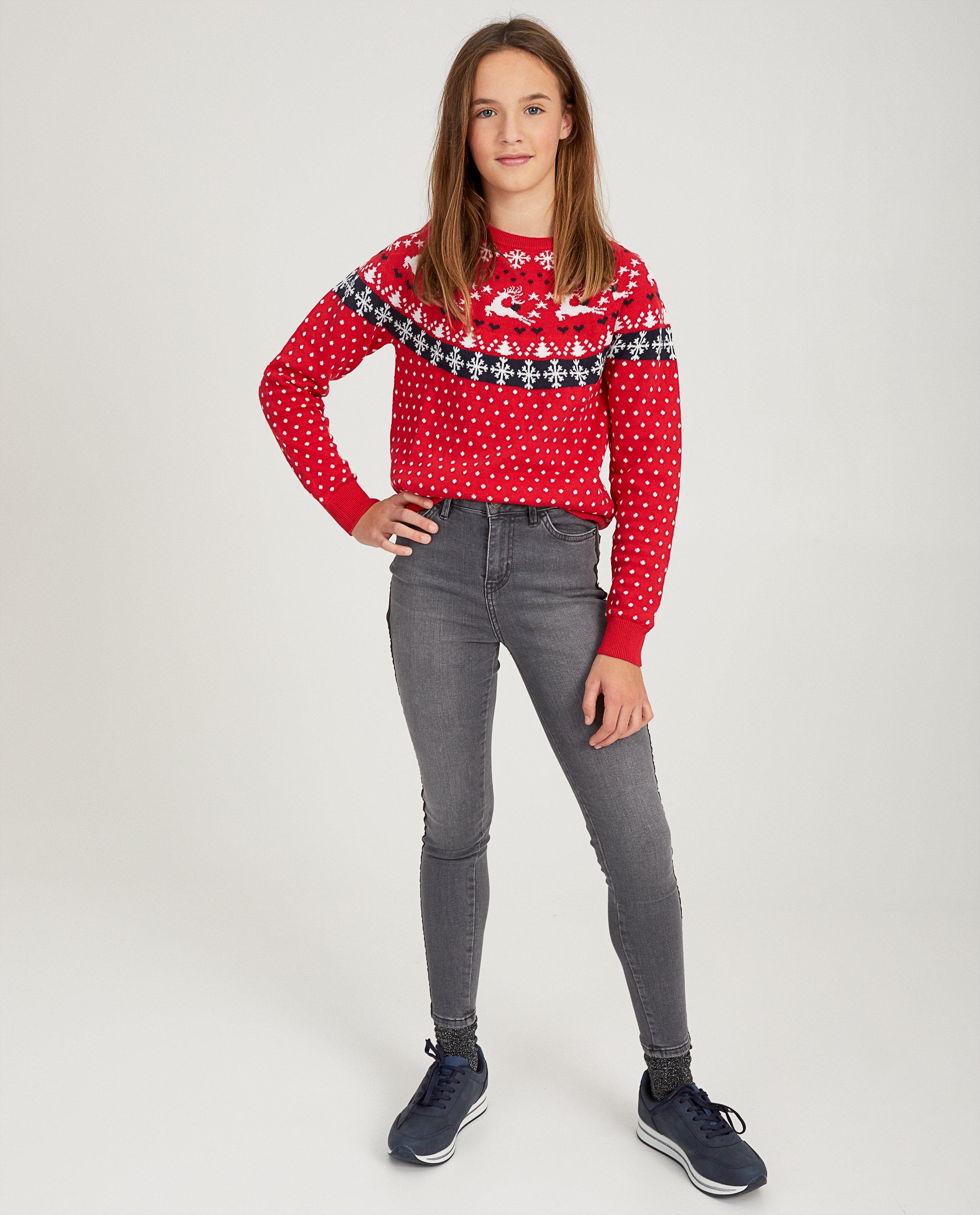 Pull de Noël rouge - imprimé blanc et bleu - Groggy