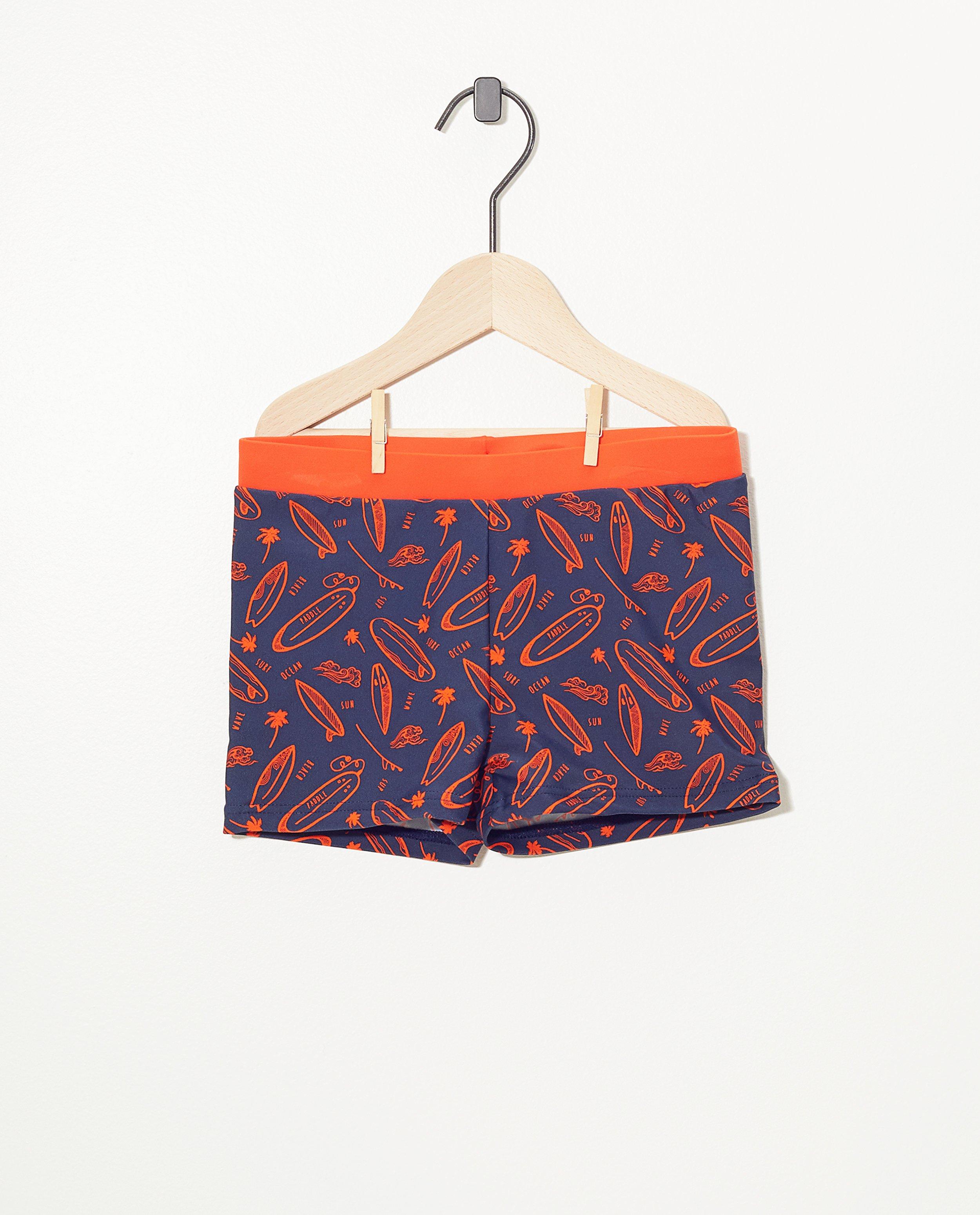 Donkerblauwe zwembroek met print - in rood - Fish & Chips