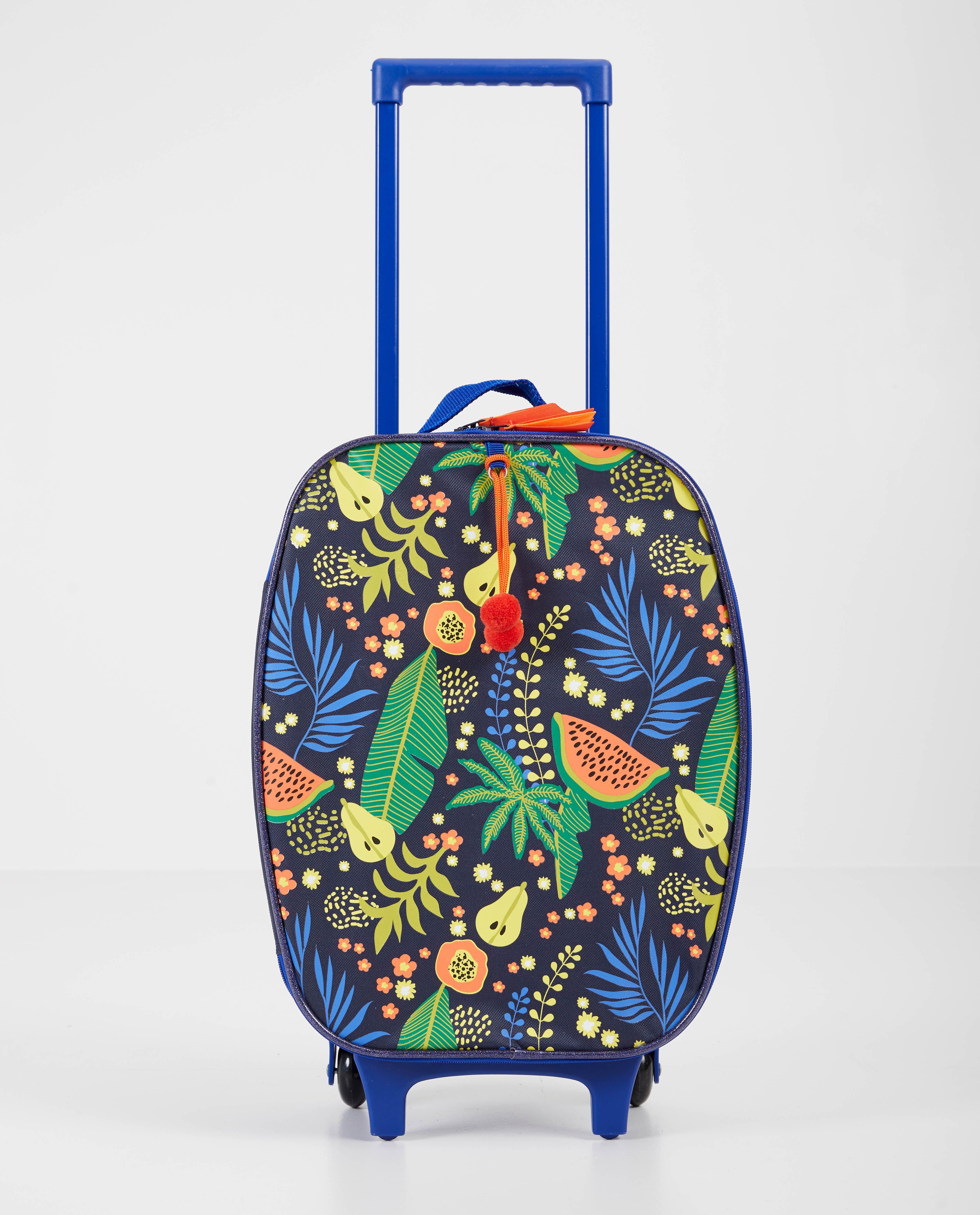 Blauwe koffer met tropische print - wieltjes - JBC