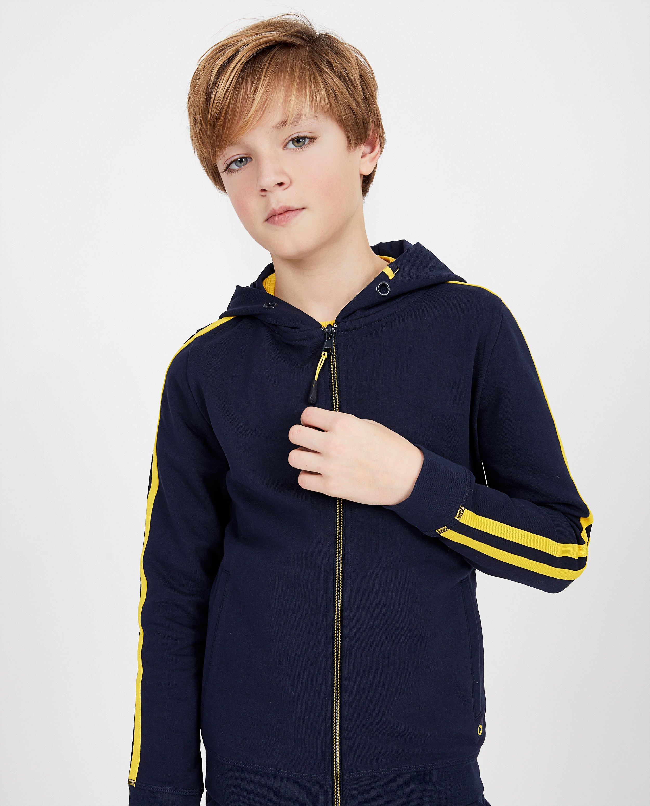 Cardigans - Blauw sweatvest met gele strepen