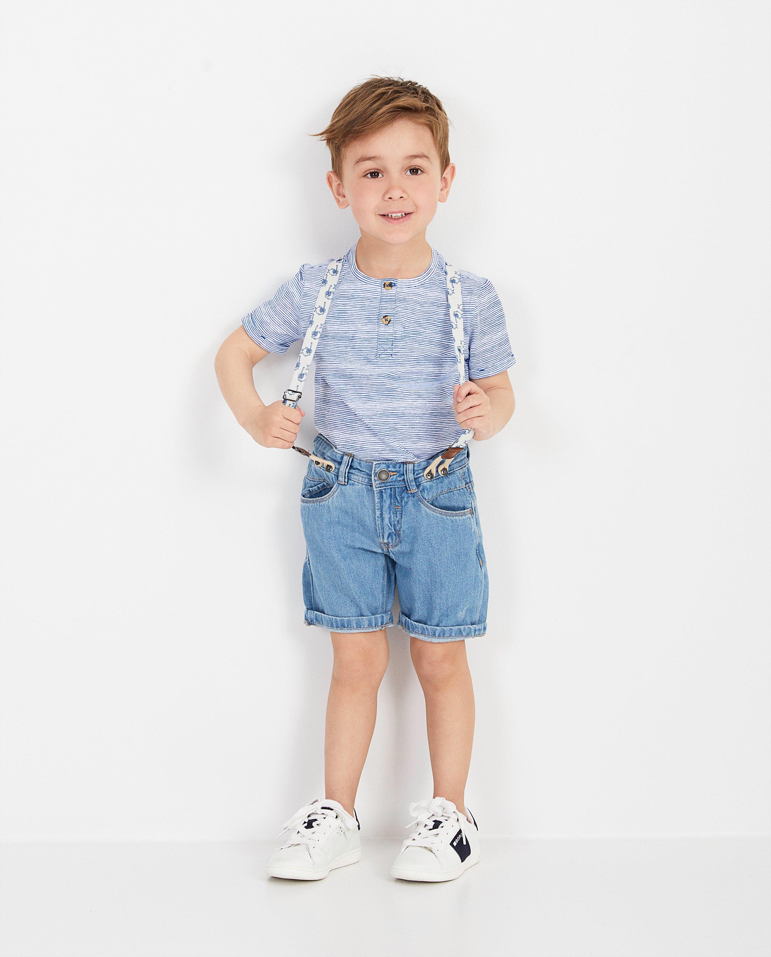 Short bleu Vic le Viking - denim, bretelles - Vic le Viking