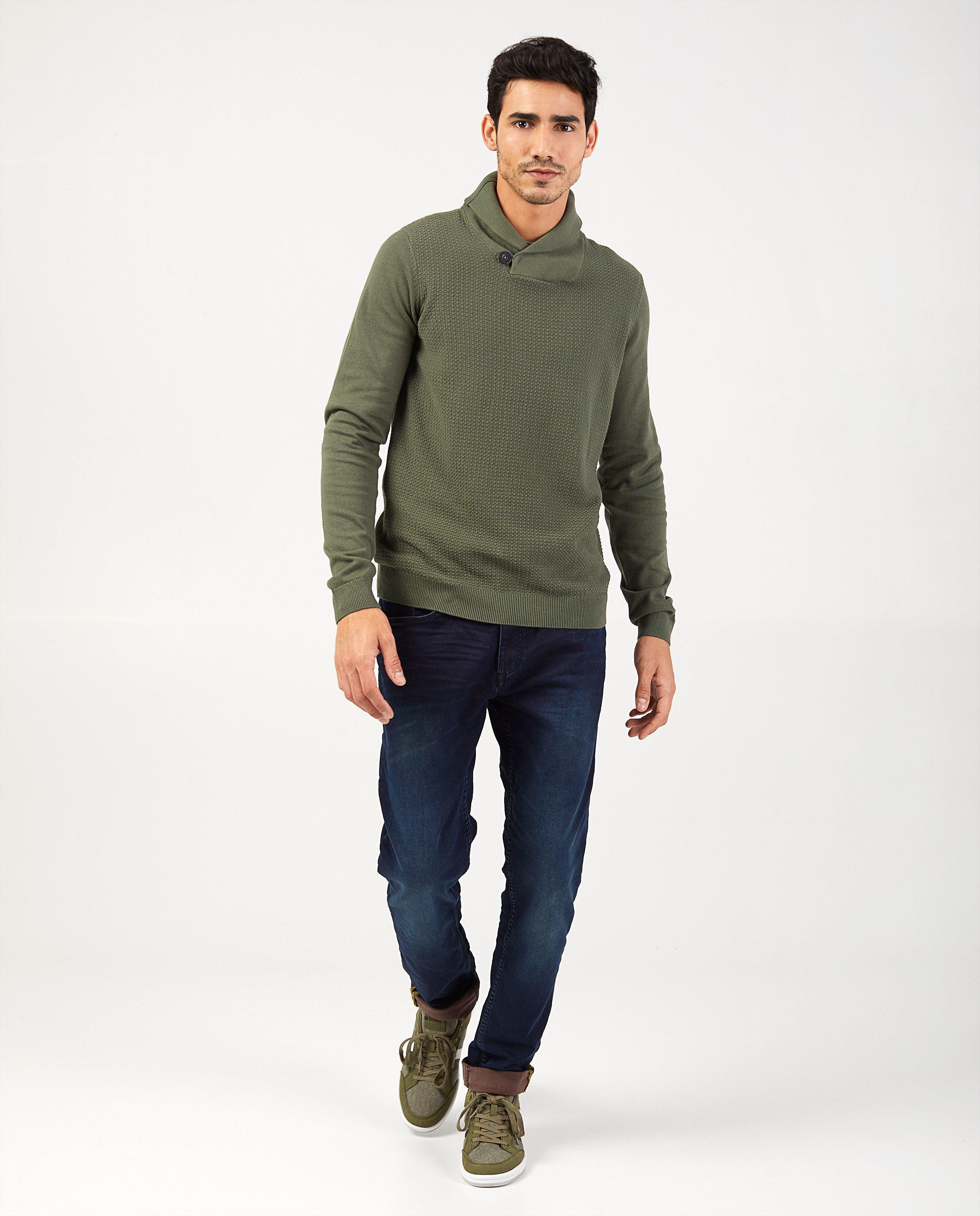 Pull vert à col châle - avec motif tricoté - Quarterback