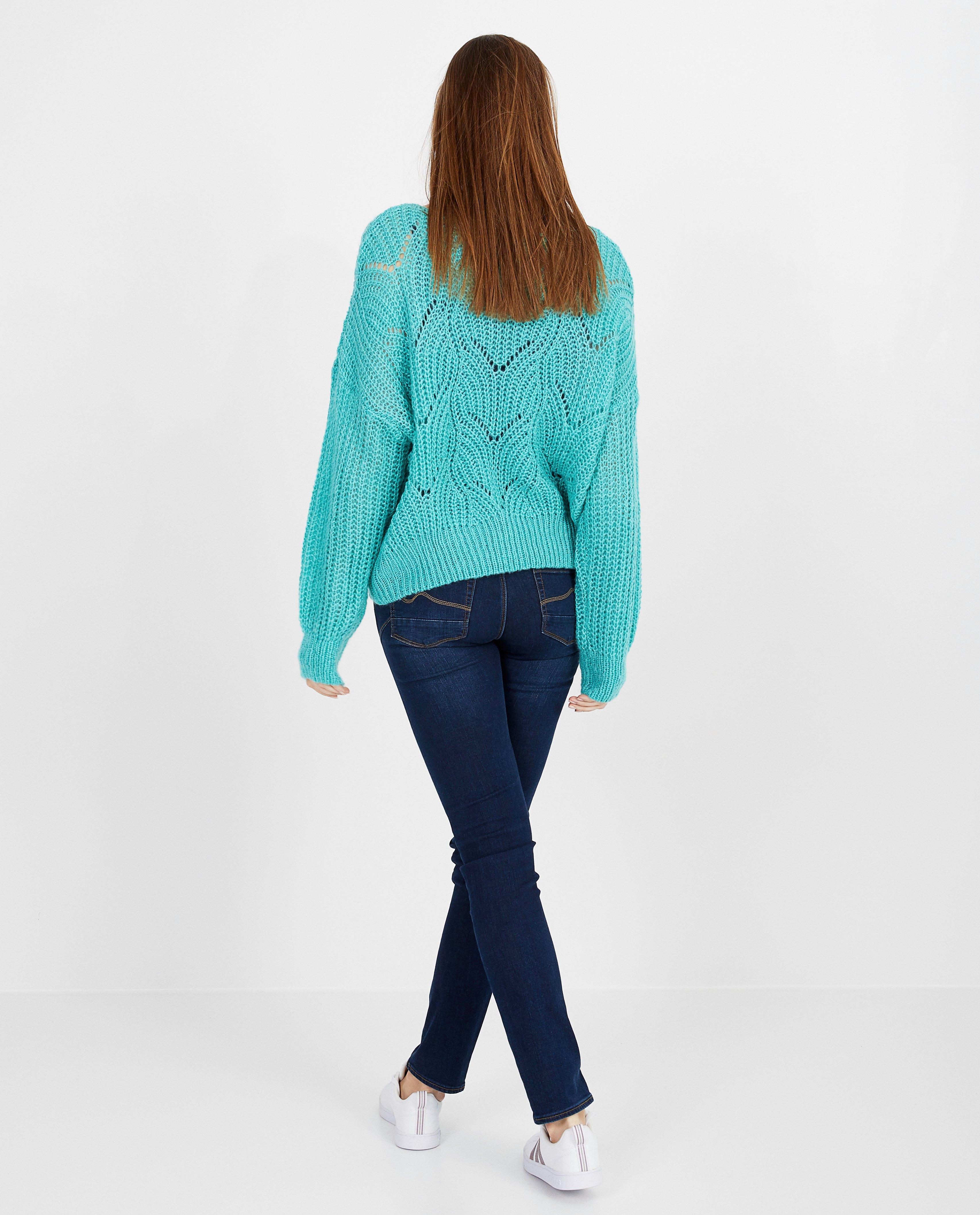 Truien - Turquoise trui met ajourpatroon