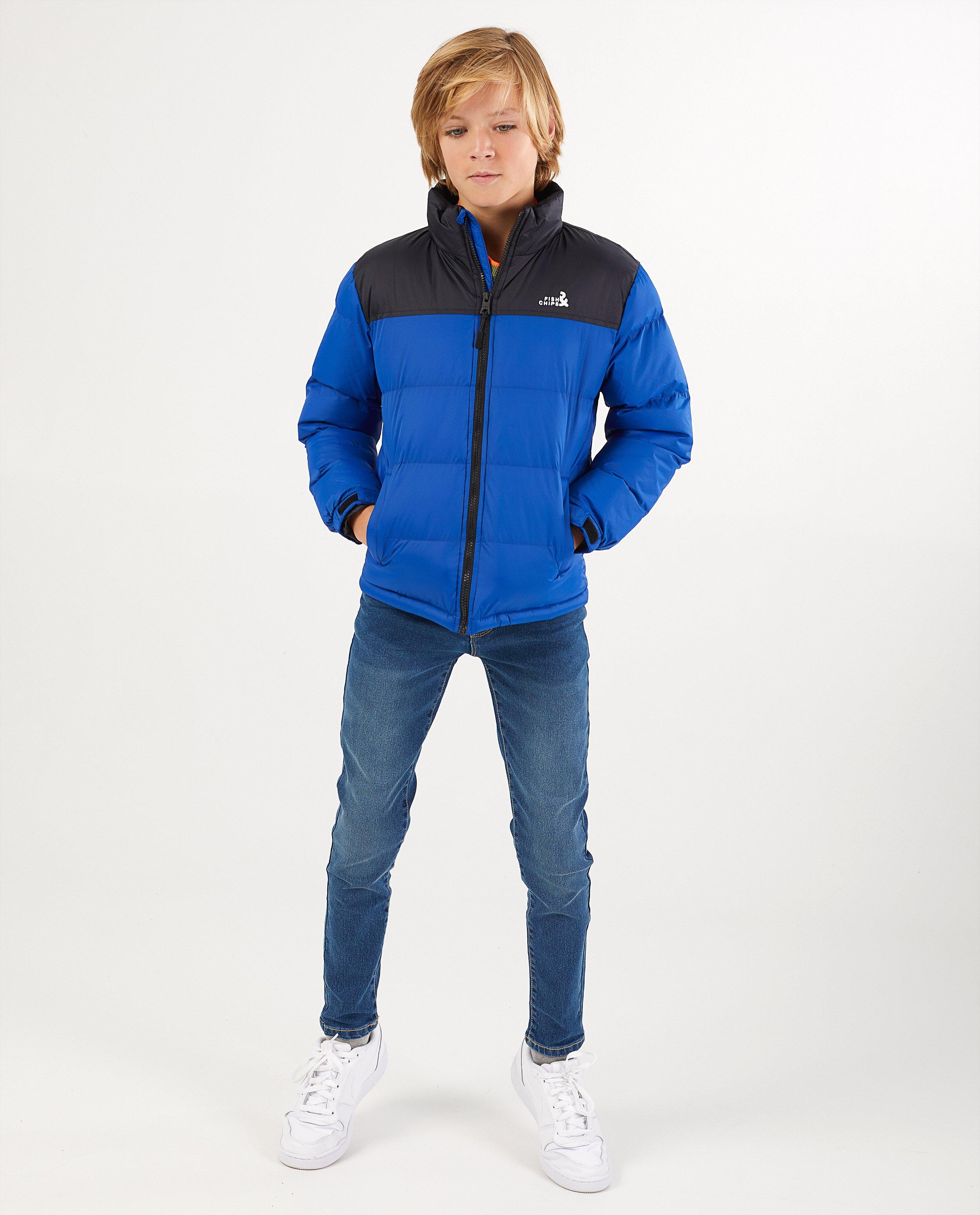 Donkerblauwe jas met color block - zonder capuchon - Fish & Chips