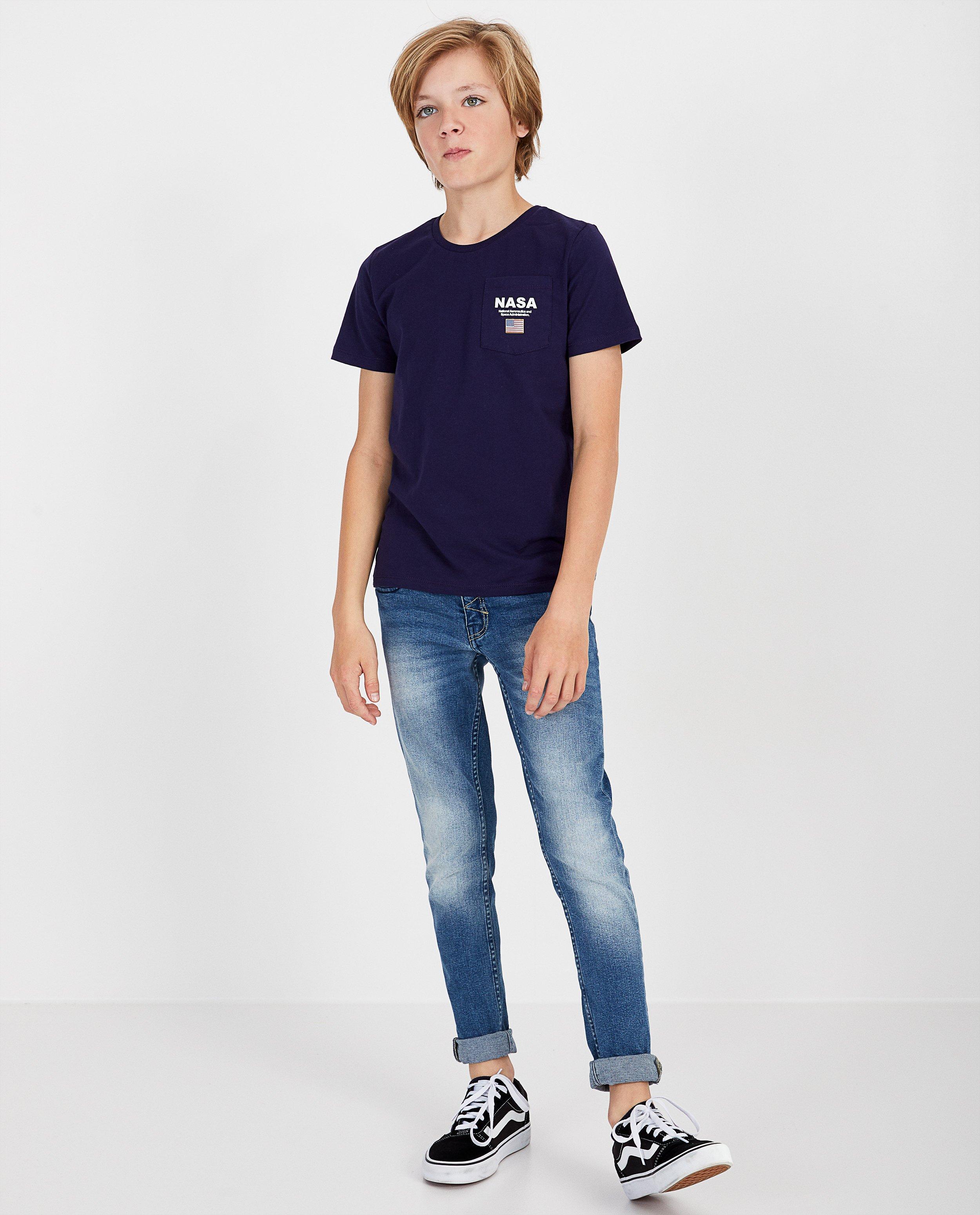 Blauw 'NASA'-T-shirt met borstzak - print op de rug - NASA