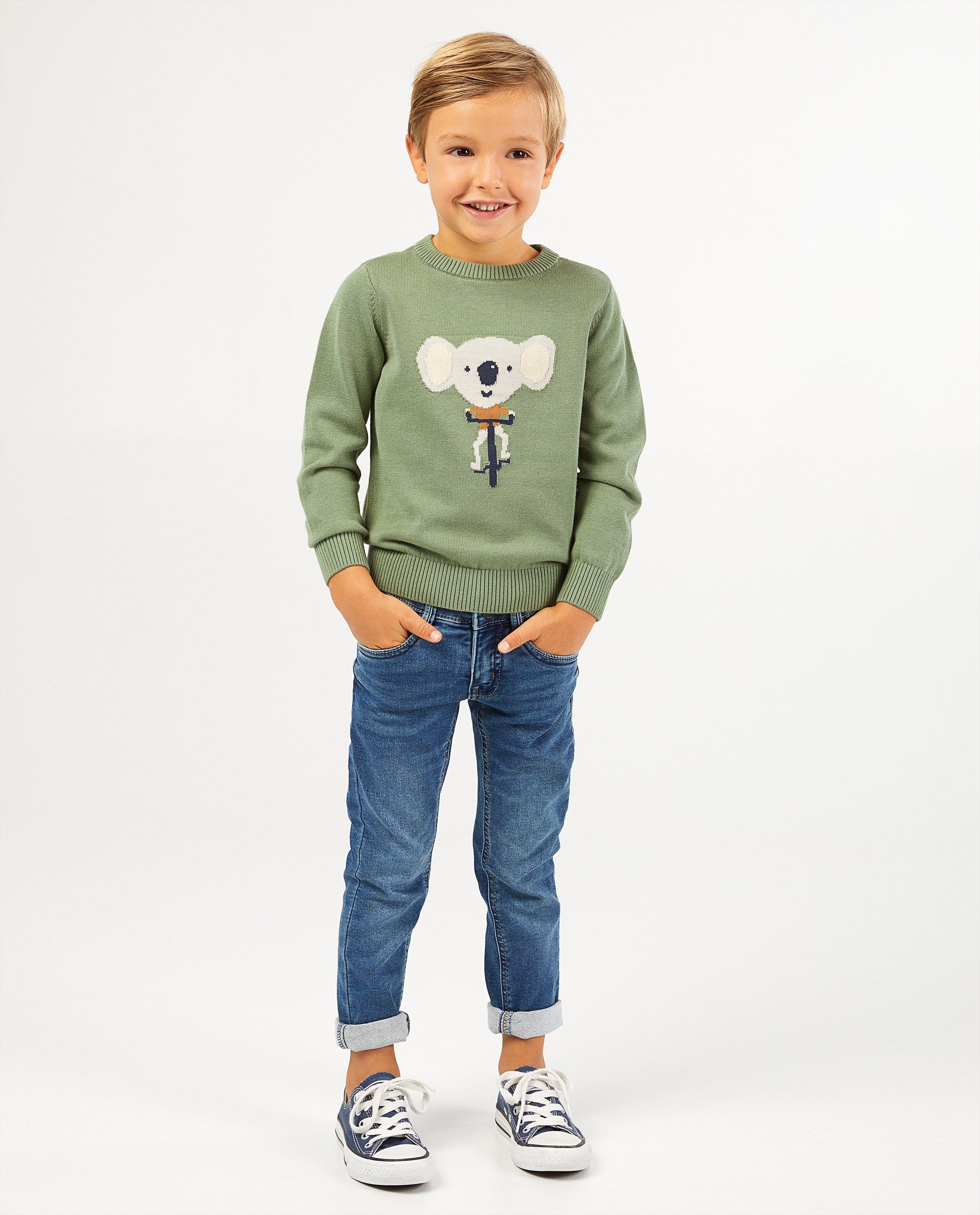 Olijfgroene trui van biokatoen - met print - Kidz Nation
