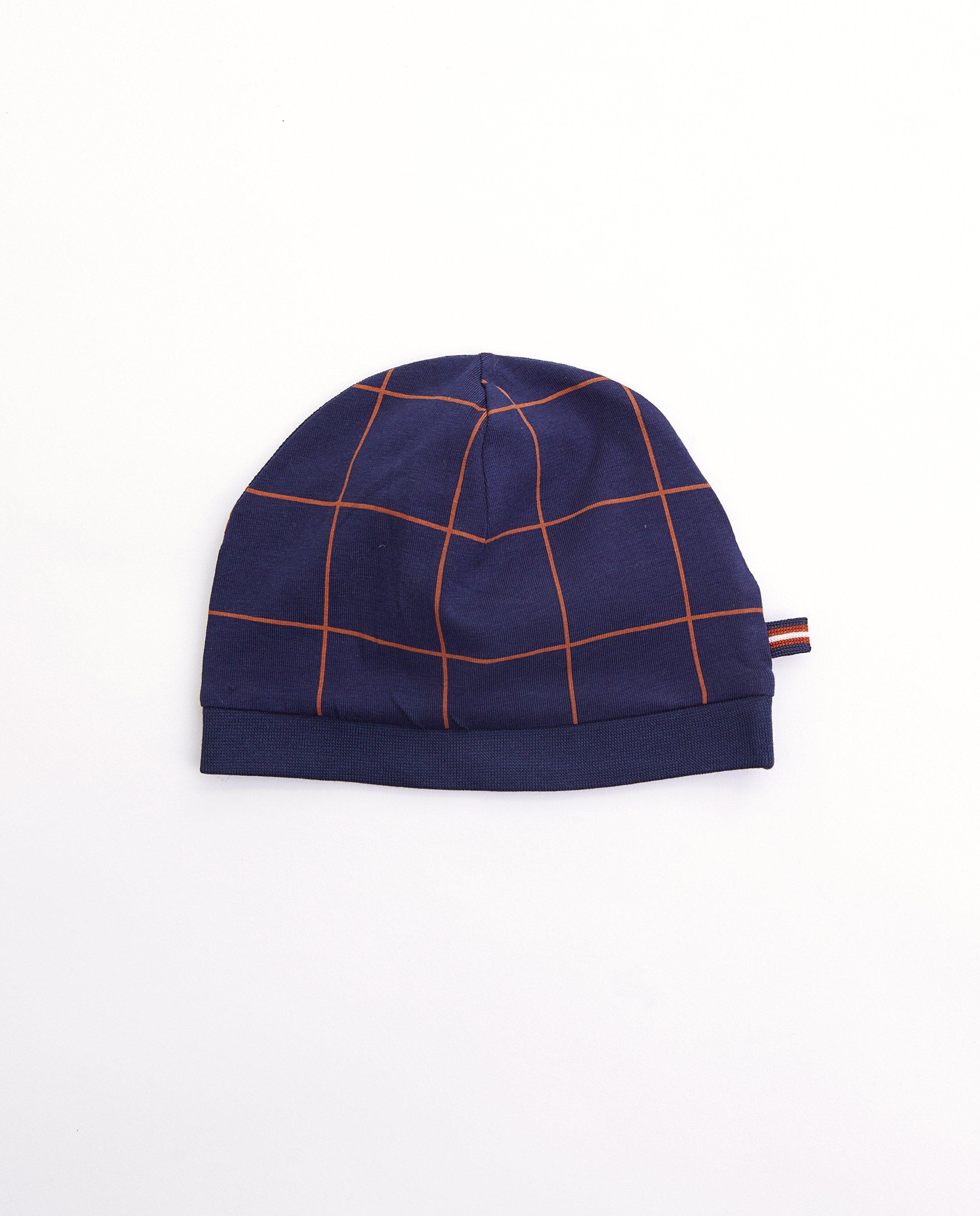 Blauw mutsje van biokatoen - met ruitpatroon - Newborn 50-68