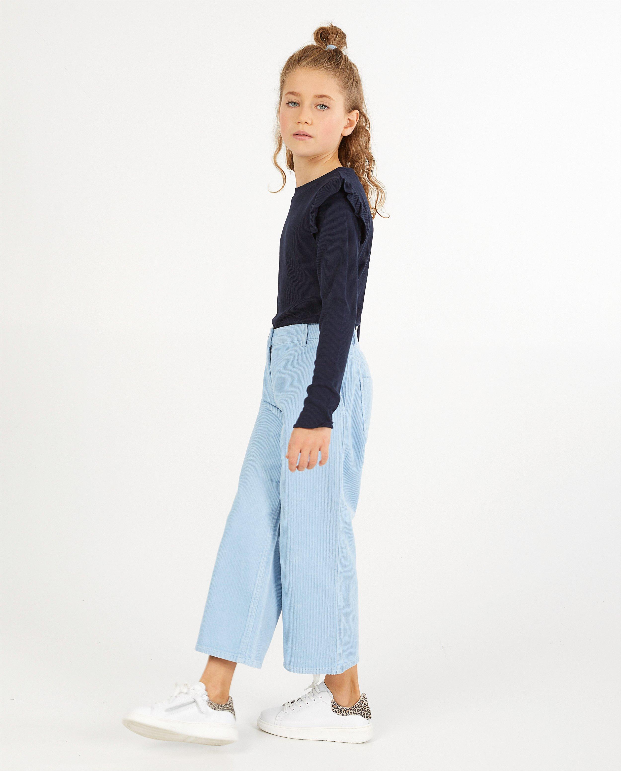 Blauwe longsleeve met ribreliëf - en volants - Fish & Chips