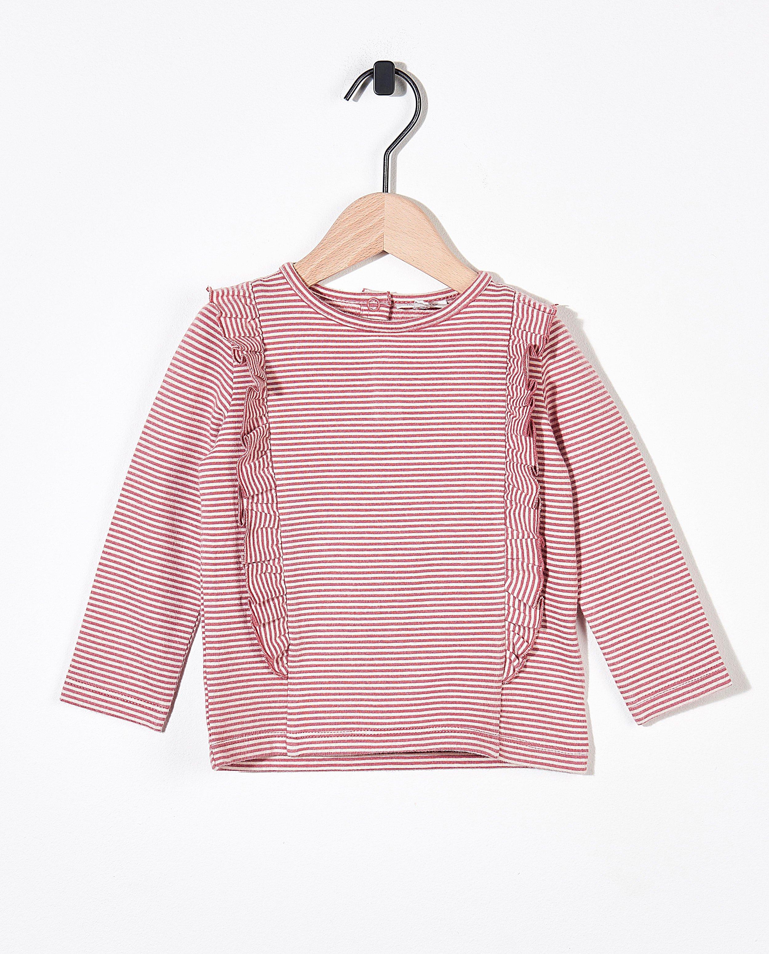 T-shirt rayé à manches longues en coton bio - blanc et rose - Newborn 50-68