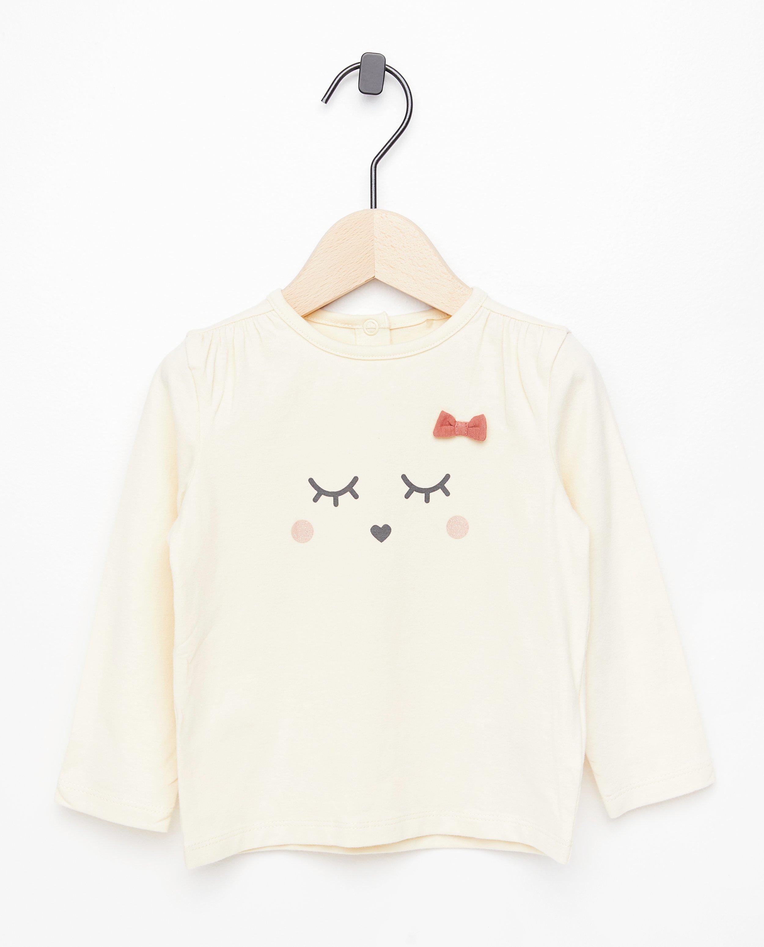 T-shirt blanc à manches longues avec imprimé - avec un nœud - Newborn 50-68