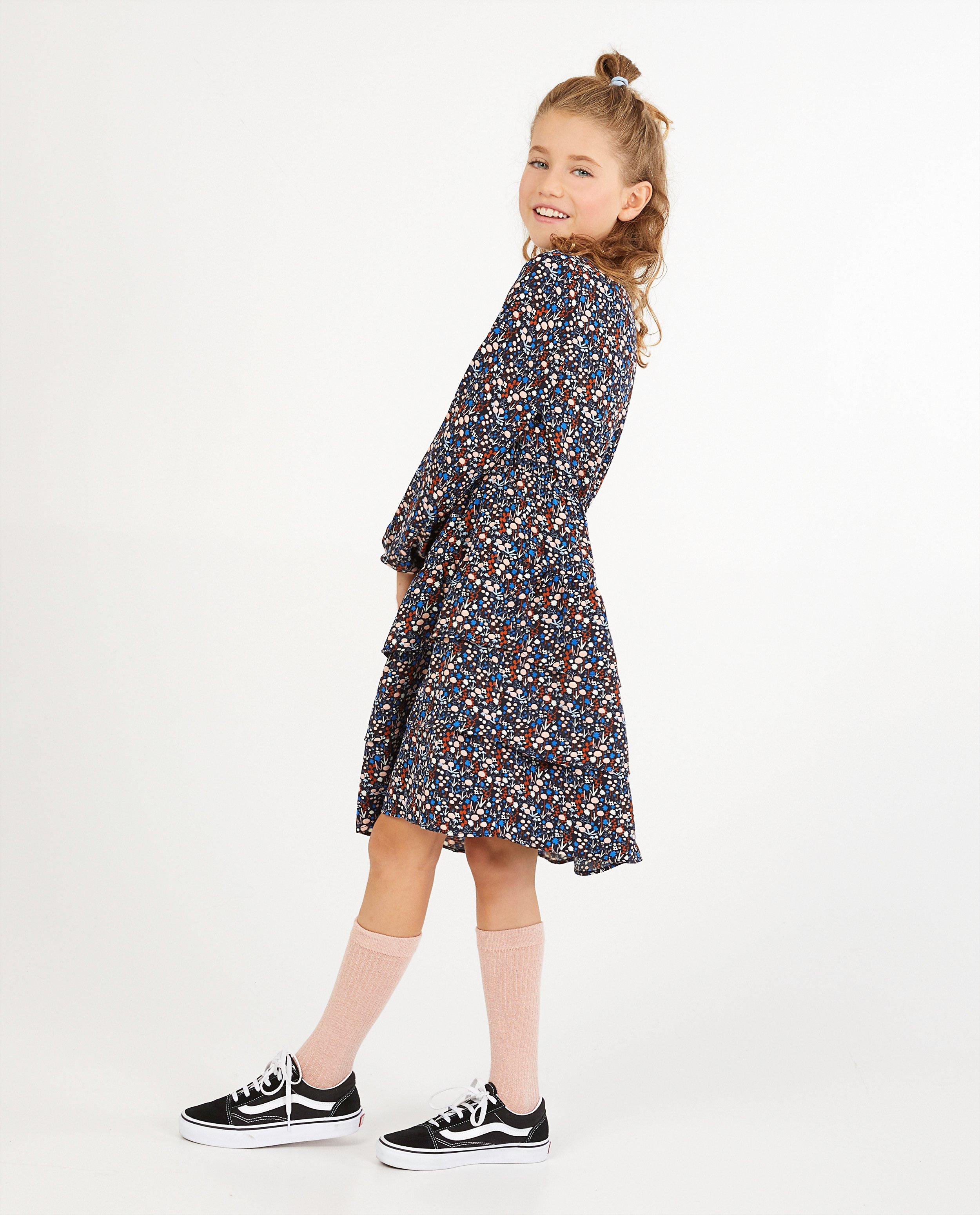 Donkerblauwe volantjurk met print - allover - Fish & Chips