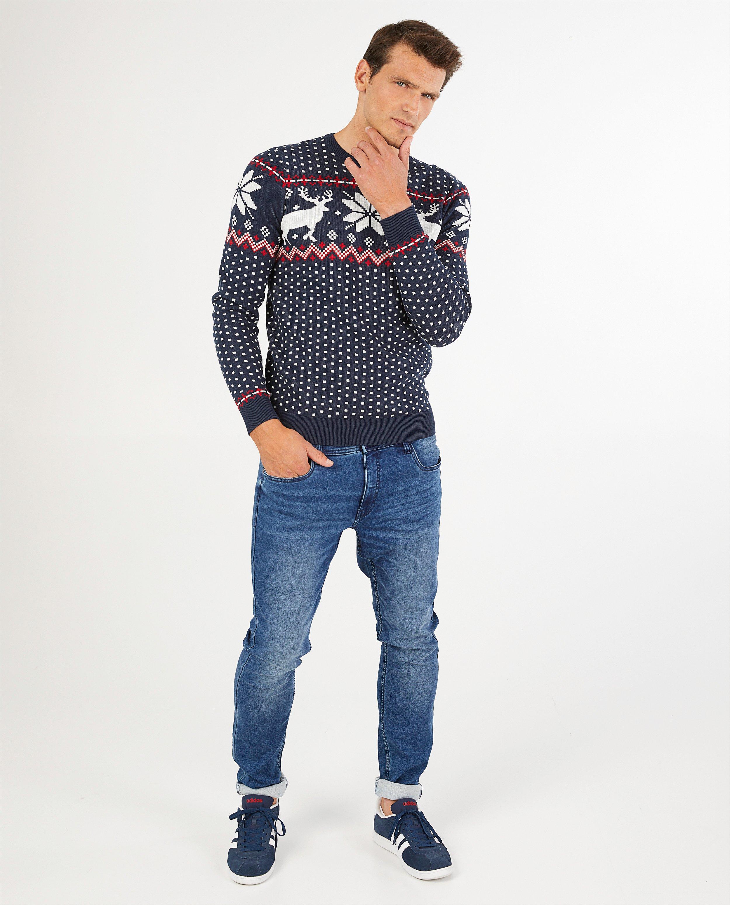 Pull de Noël bleu foncé à imprimé - imprimé intégral - Quarterback
