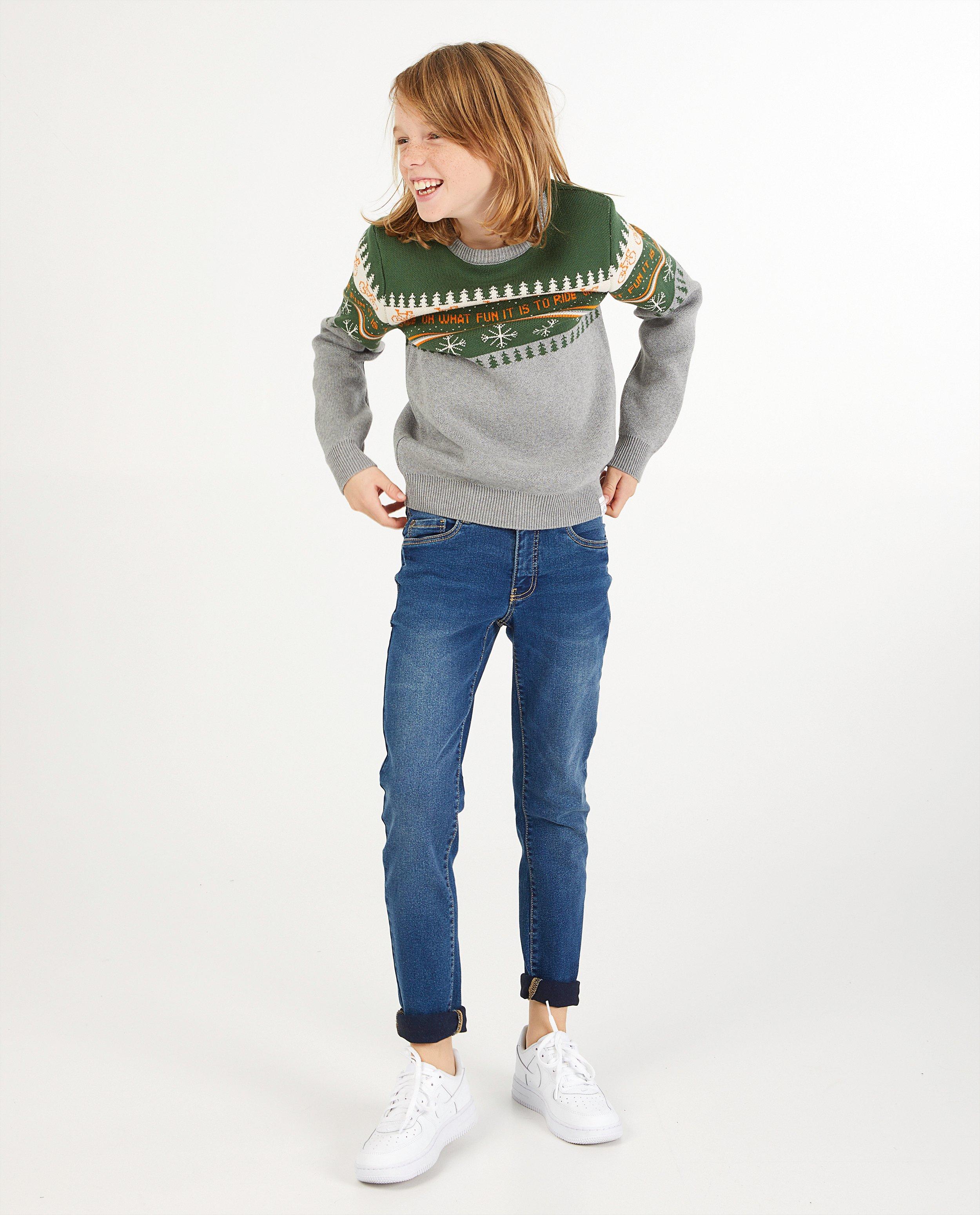 Pull de Noël Baptiste, 7-14 ans - gris, vert et jaune - Baptiste
