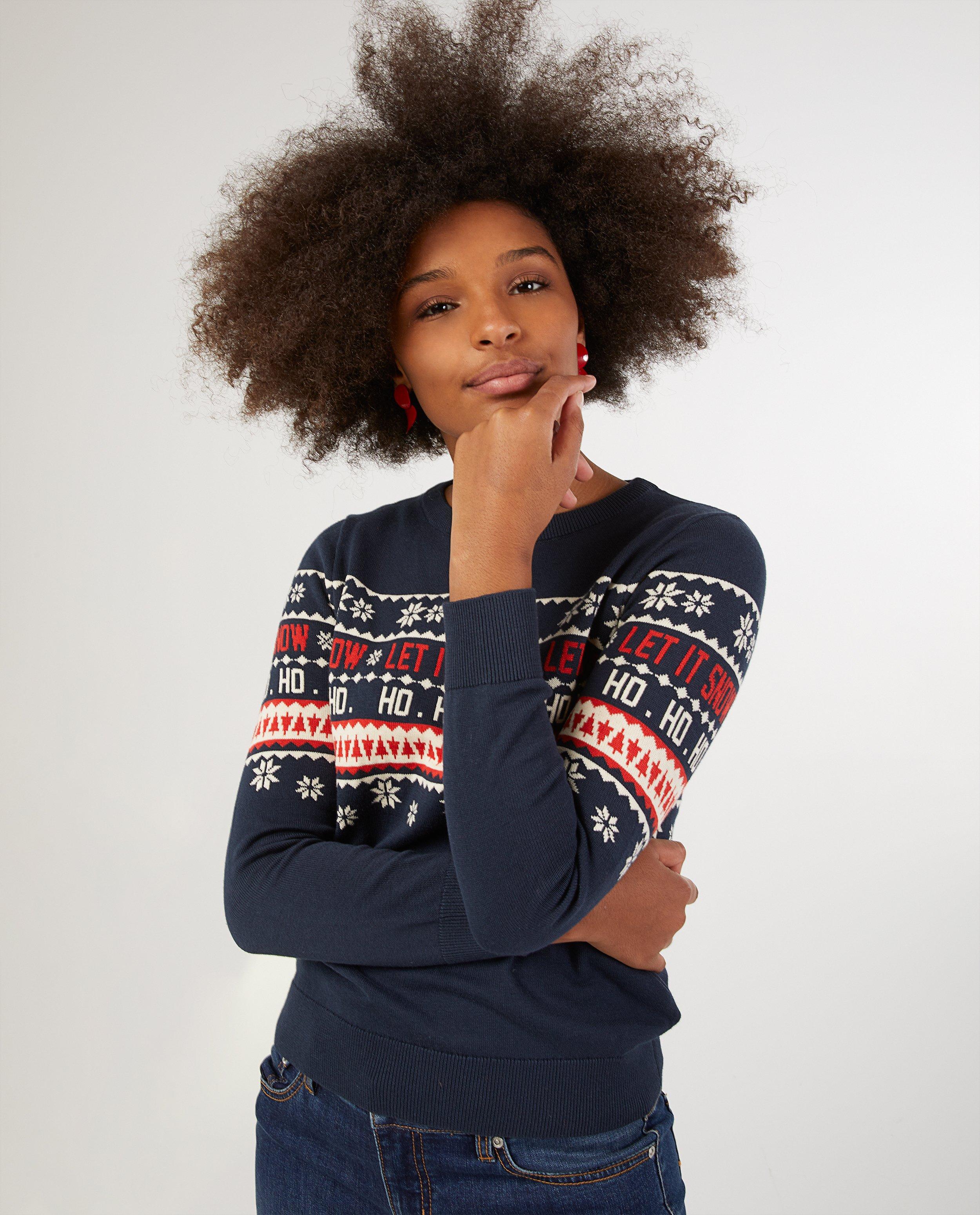 Blauwe kersttrui met print dames