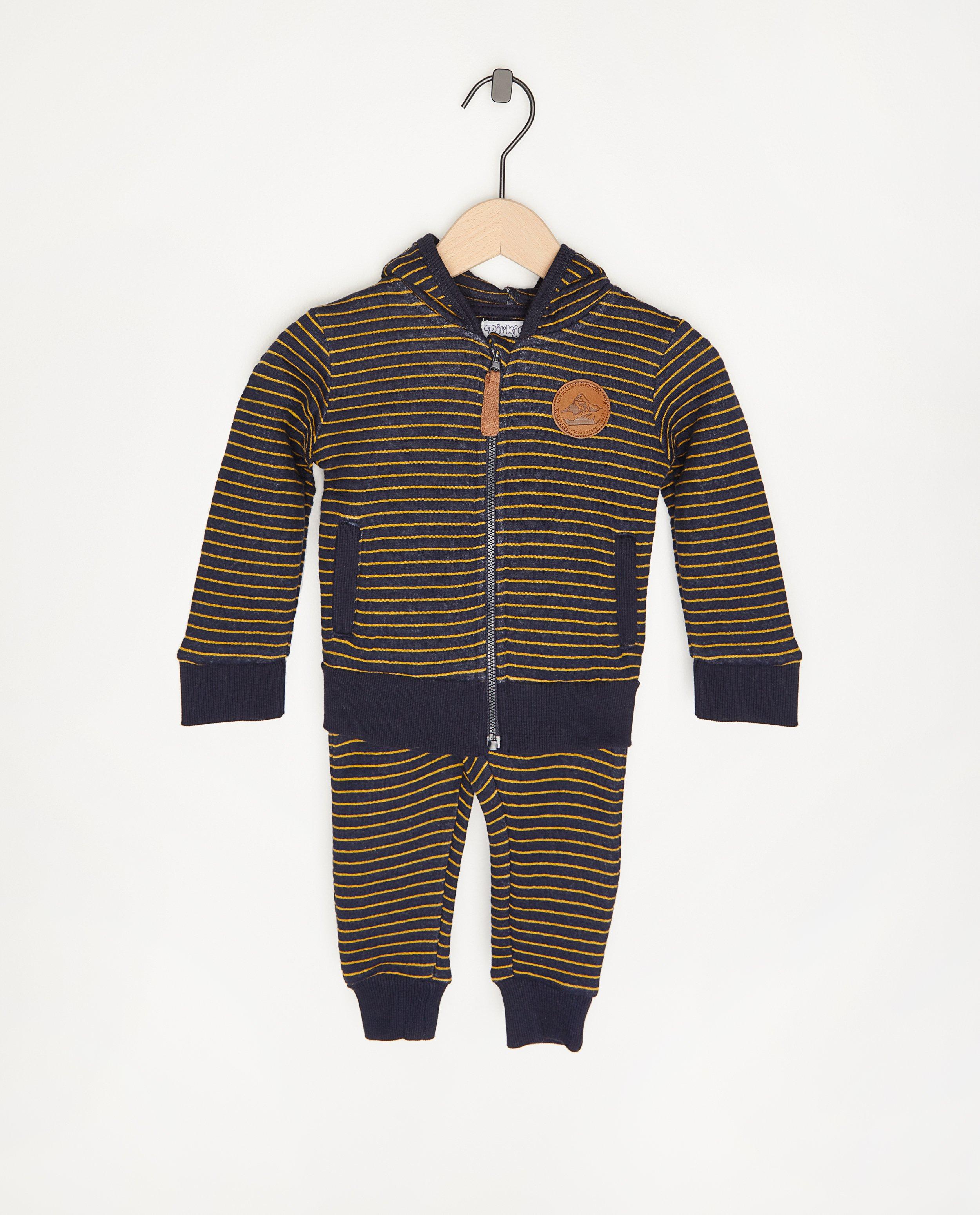 Set bleu foncé : gilet + pantalon Dirkje - avec rayures jaunes - Dirkje