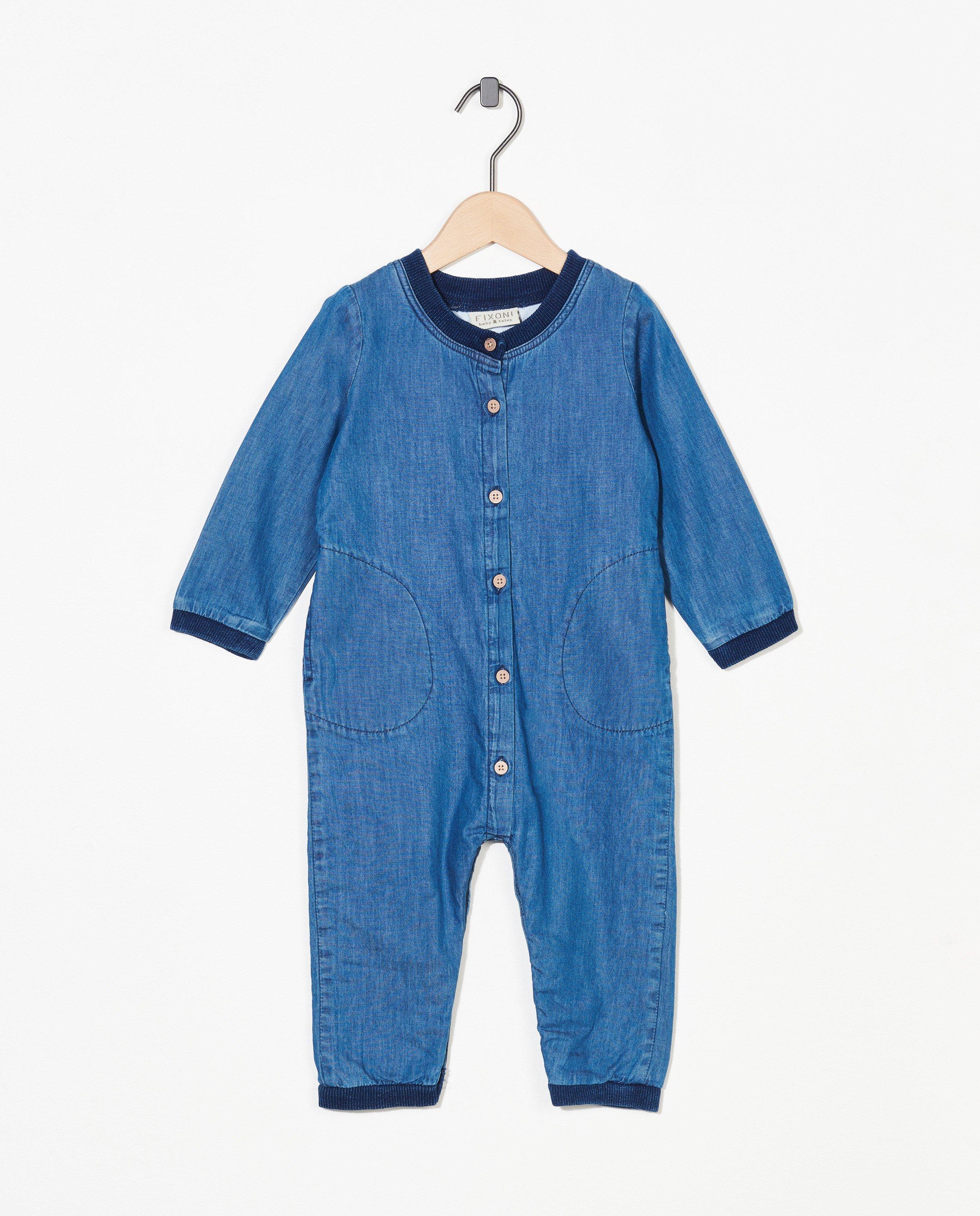 Grenouillère bleue en denim Fixoni - petits boutons - Fixoni