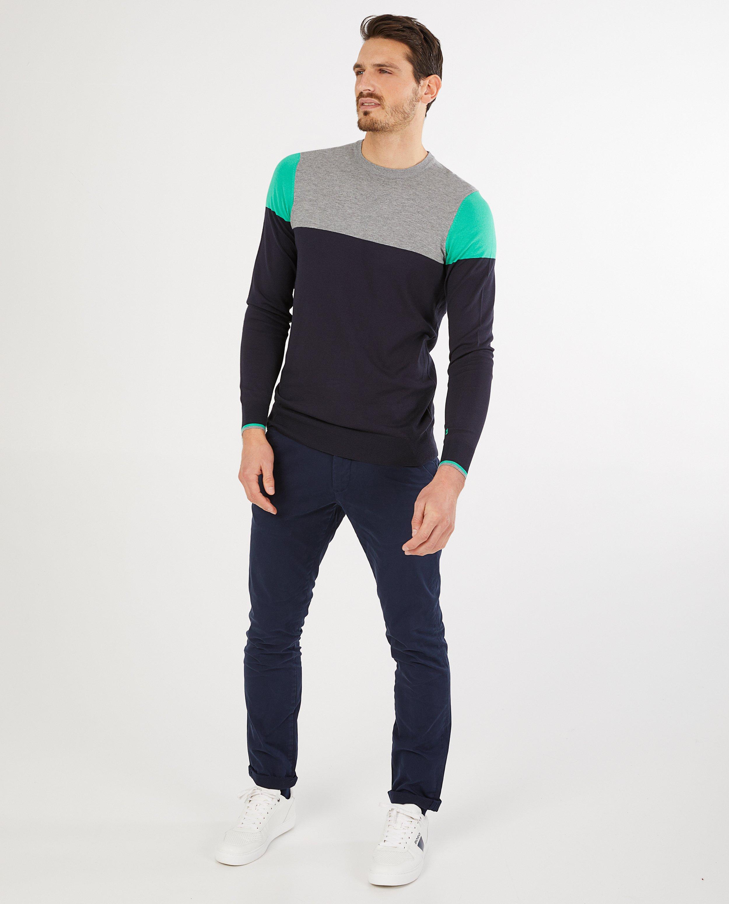 Blauw-grijze trui met color block - van fijne brei - Quarterback