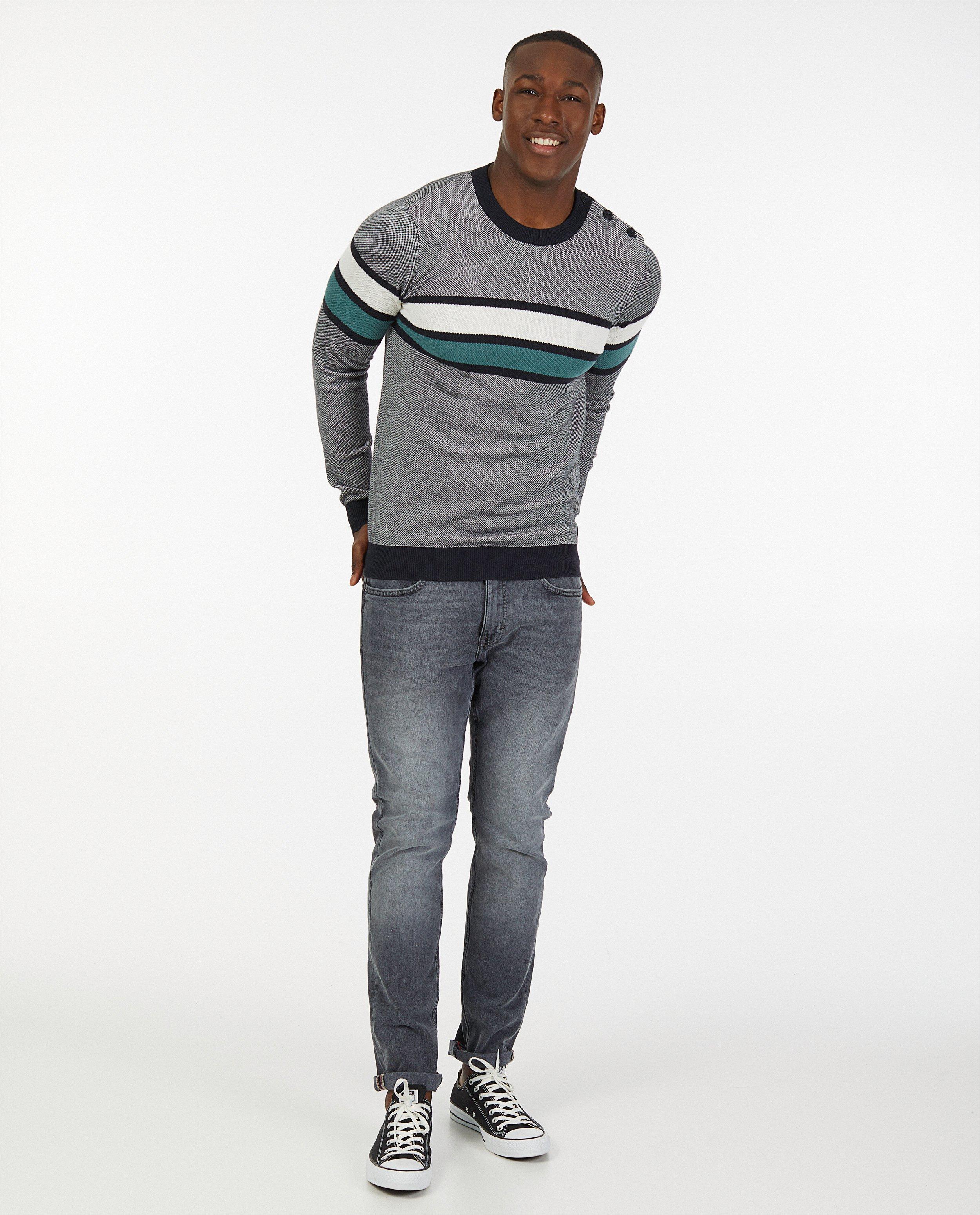 Pull à rayures en coton bio - gris, blanc et vert - Quarterback