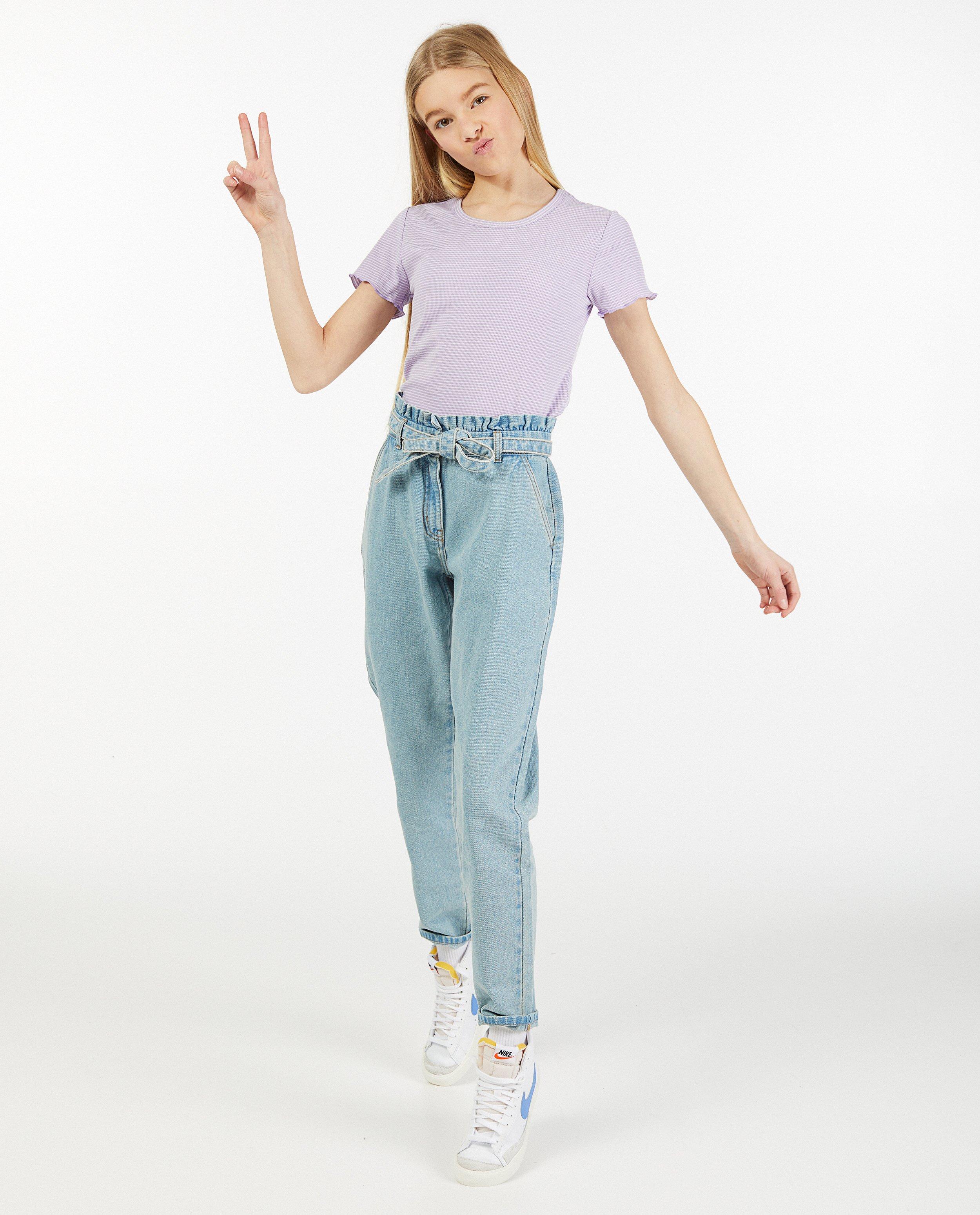 Lichtblauwe jeans met paperbag waist - en knooplint - Groggy