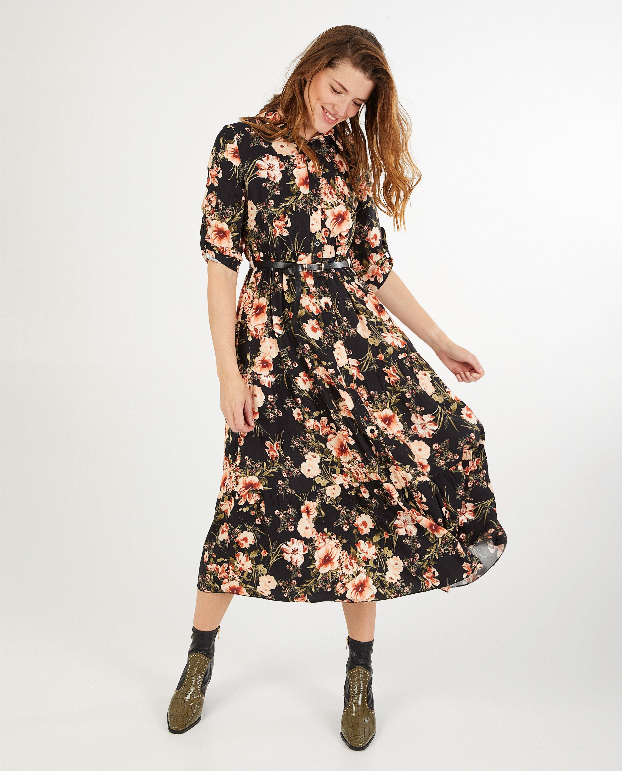 Robe noire à imprimé Ella Italia - avec ceinture - Ella Italia