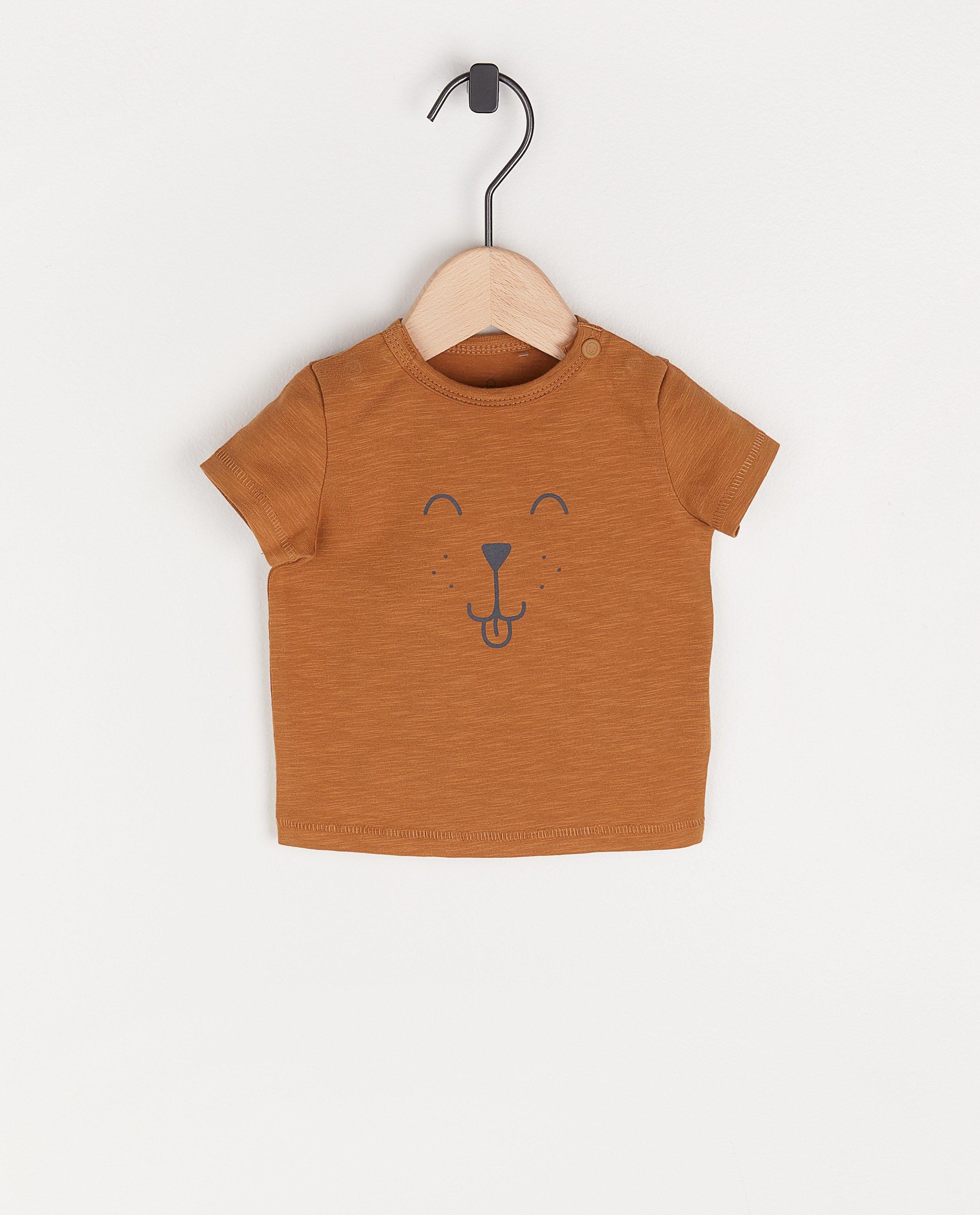Bruin T-shirt met hondenprint - van biokatoen - Newborn 50-68