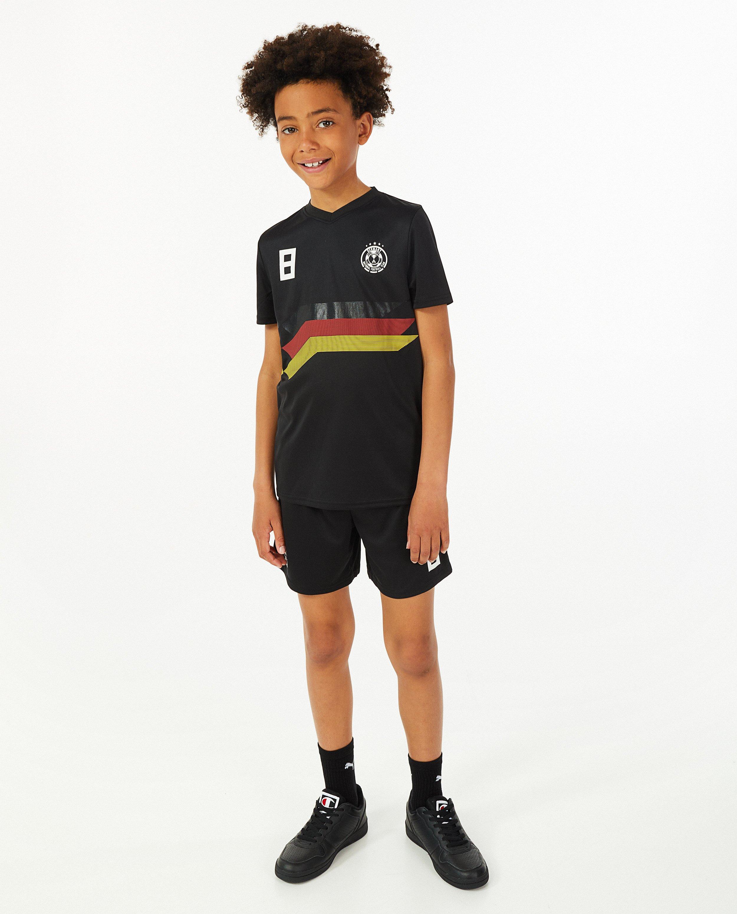 Zwarte voetbaltenue, 7-14 jaar - stretch - Fish & Chips
