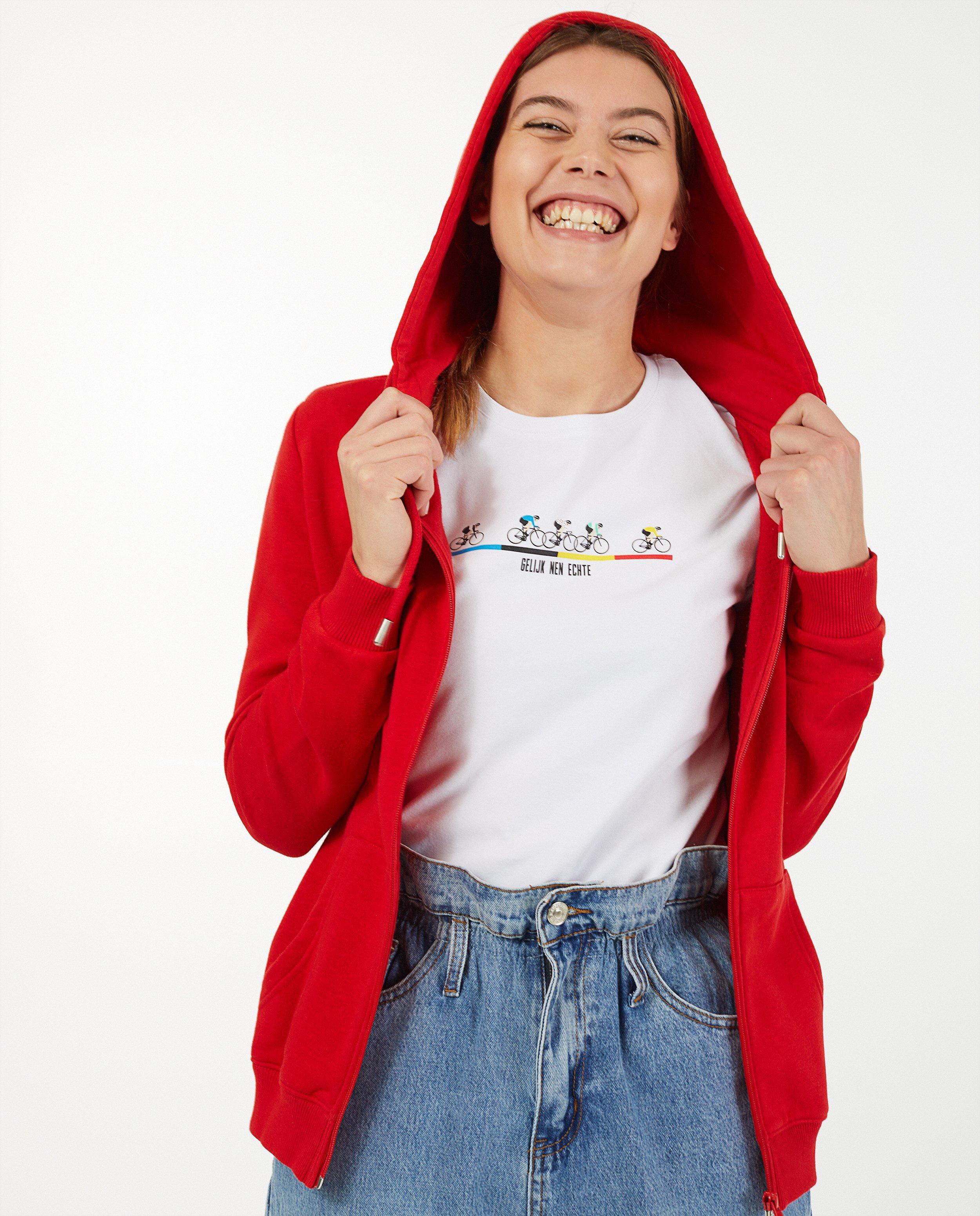 Rood 'Gelijk nen Echte'-sweatvest, dames - Kom op tegen Kanker - Kom op tegen Kanker