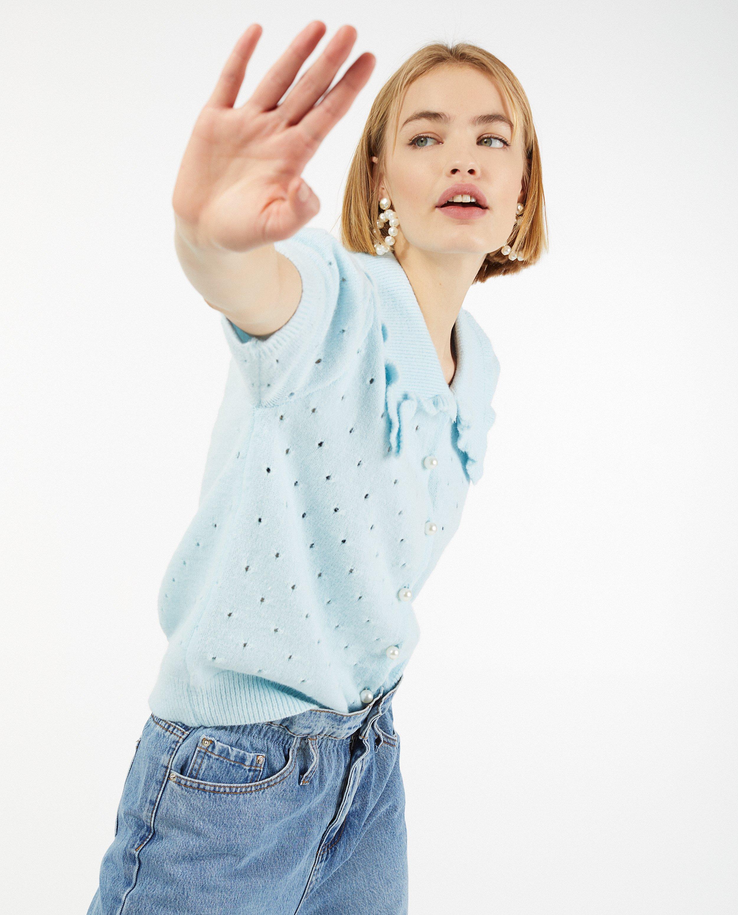 Cardigans - Blauwe cardigan met parels en ajour