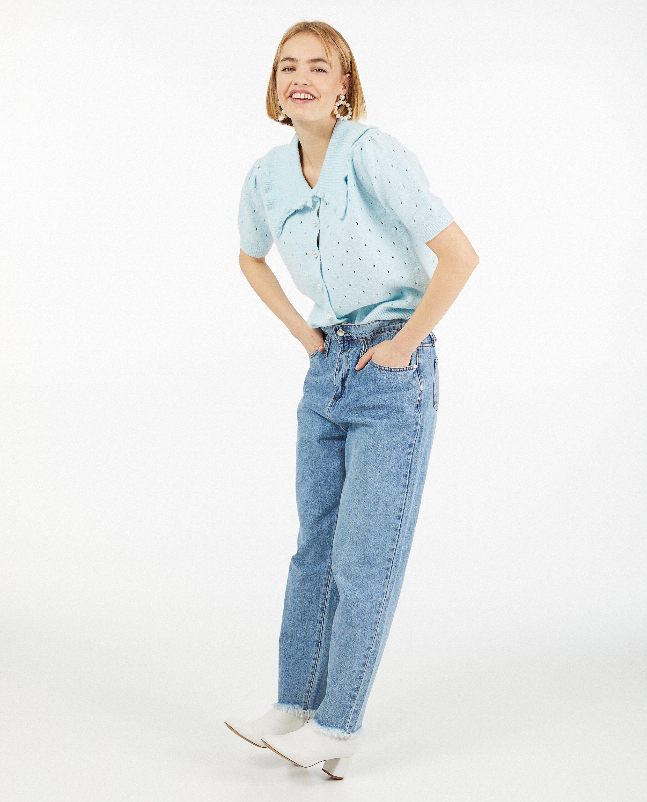 Cardigans - Blauwe cardigan met parels en ajour