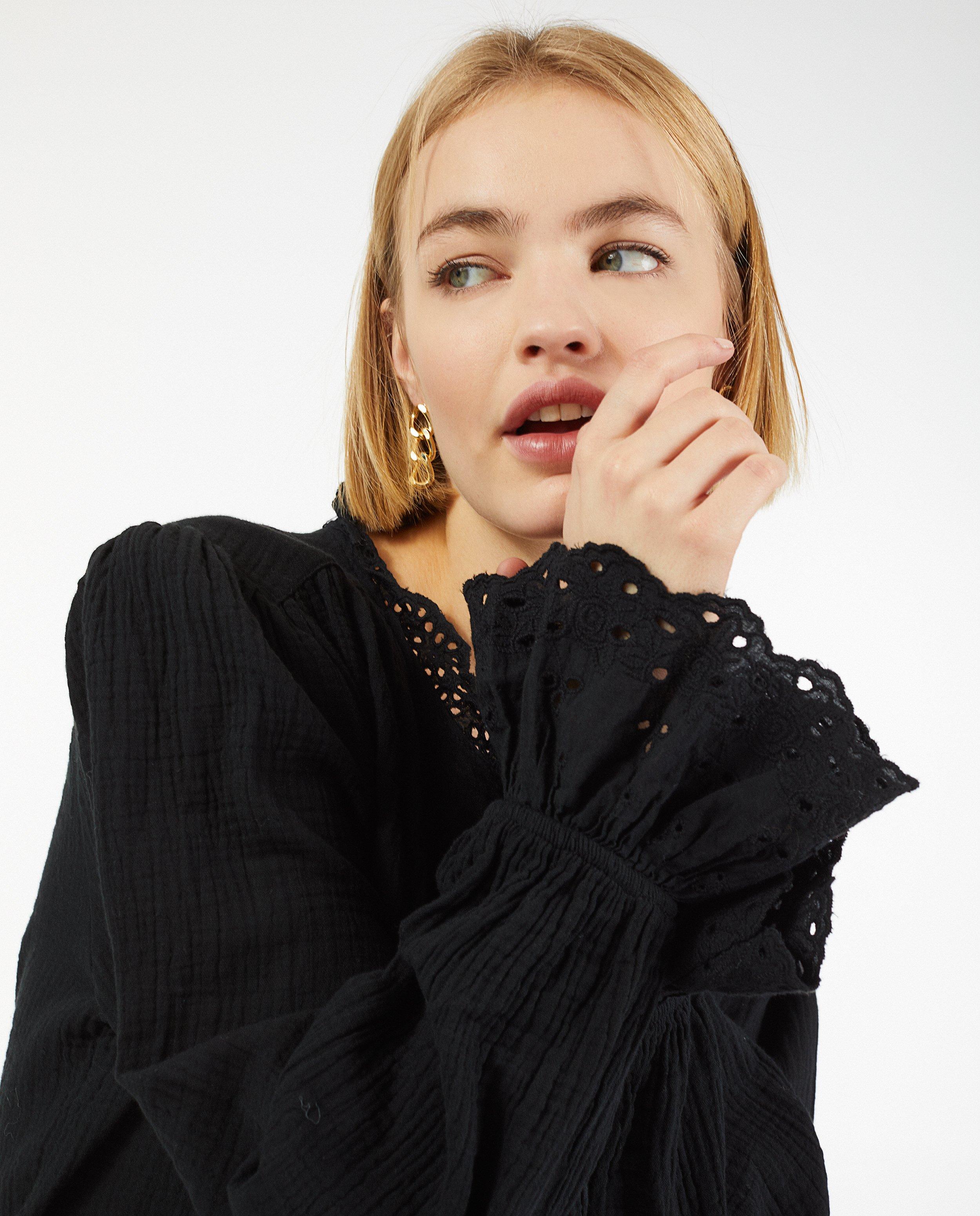 Zwart hemd van tetrastof - met broderie anglaise - Paris