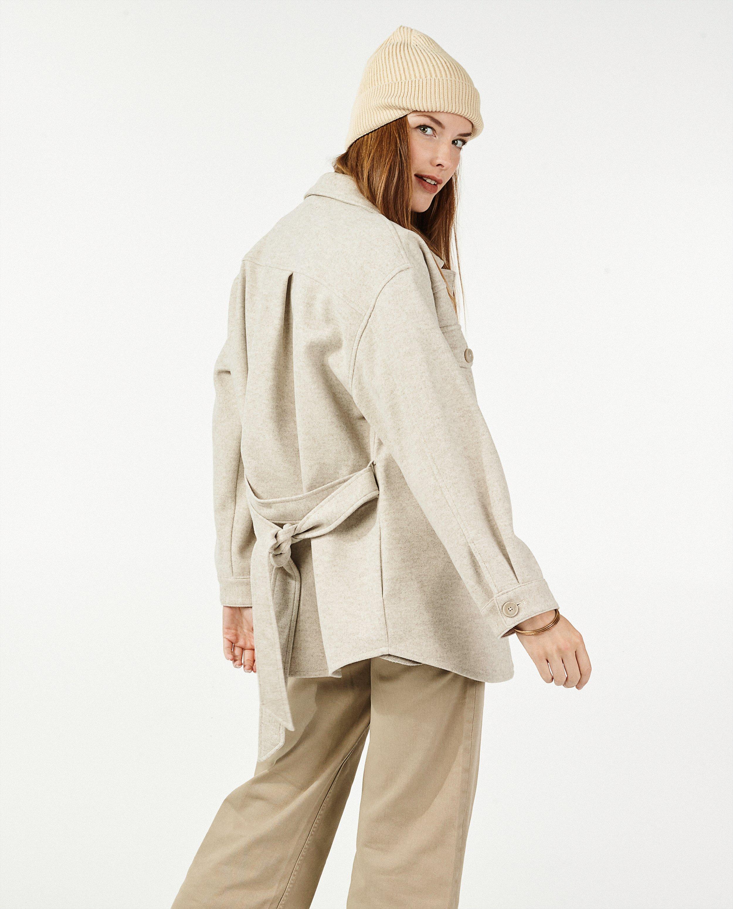 Manteau beige en laine Sora - ceinture à nouer - Sora
