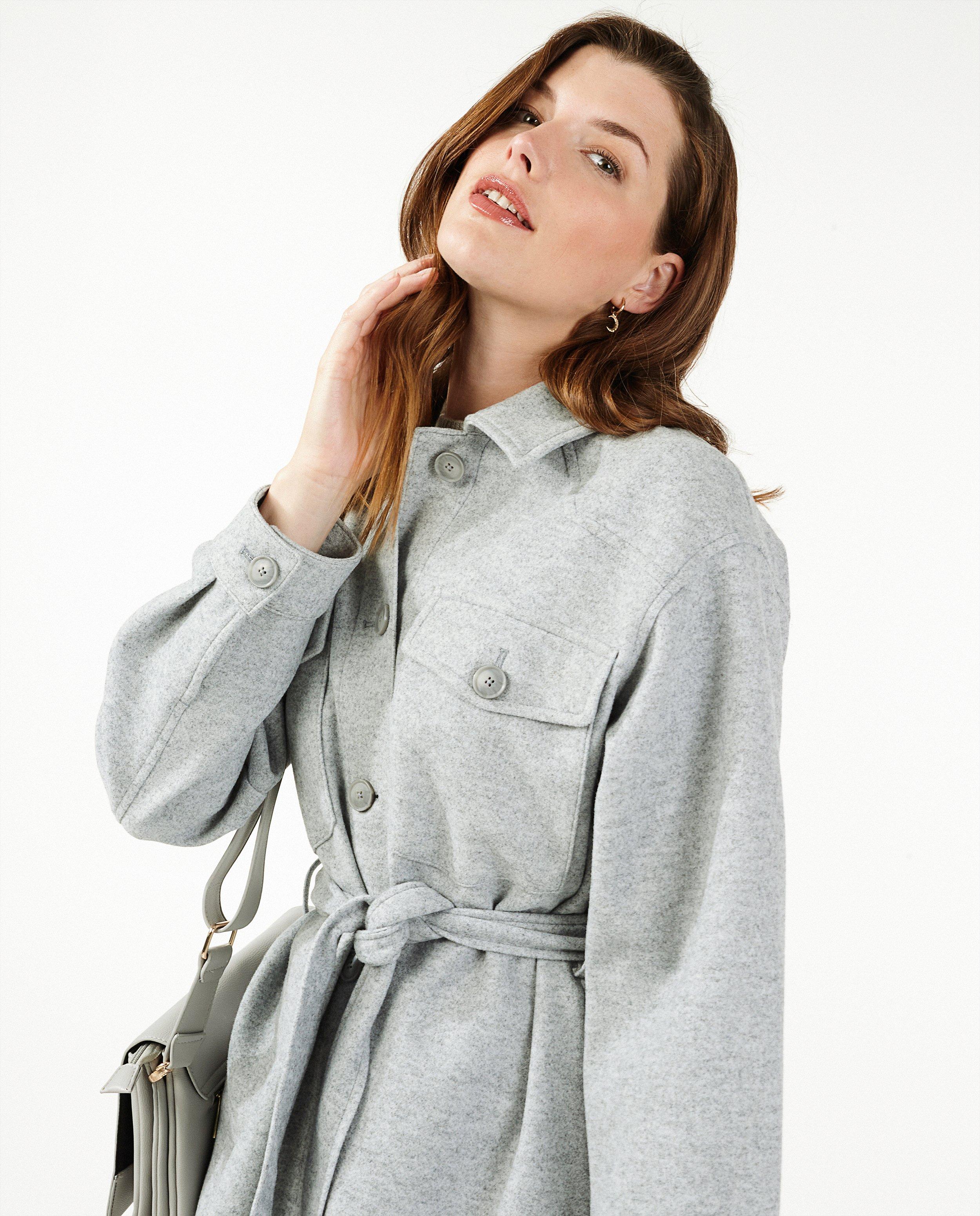 Manteau gris en laine Sora - ceinture à nouer - Sora