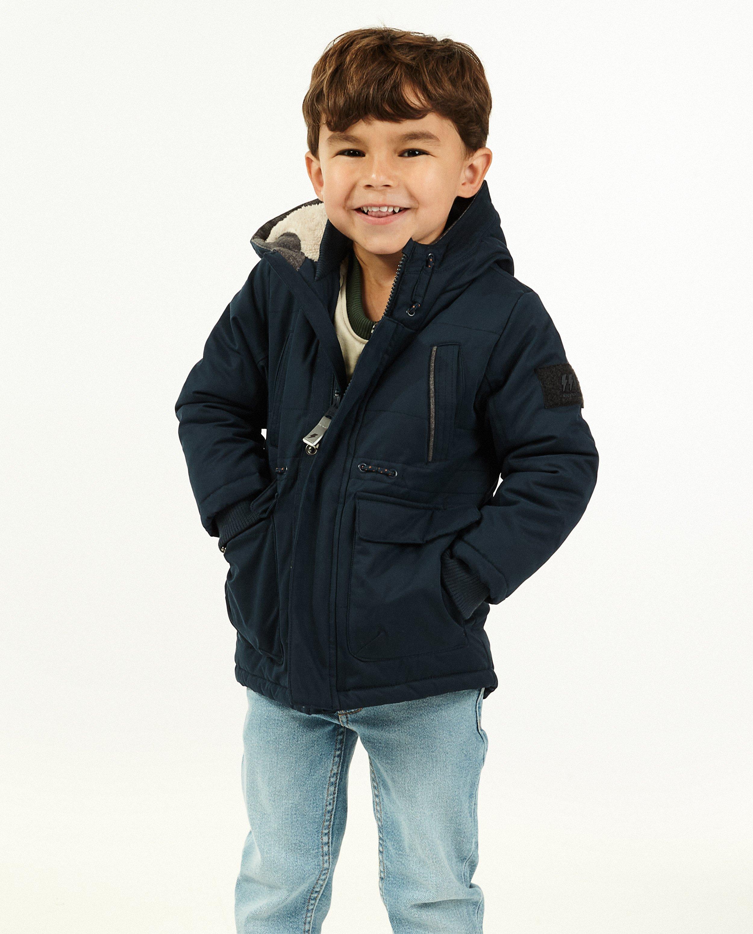 linboo Winterjas voor jongens, kinderwinterjas met afneembare capuchon, gevoerde jas, verdikte kinderjas, winddicht, warm gewatteerde jas, blauw, 134/140 cm