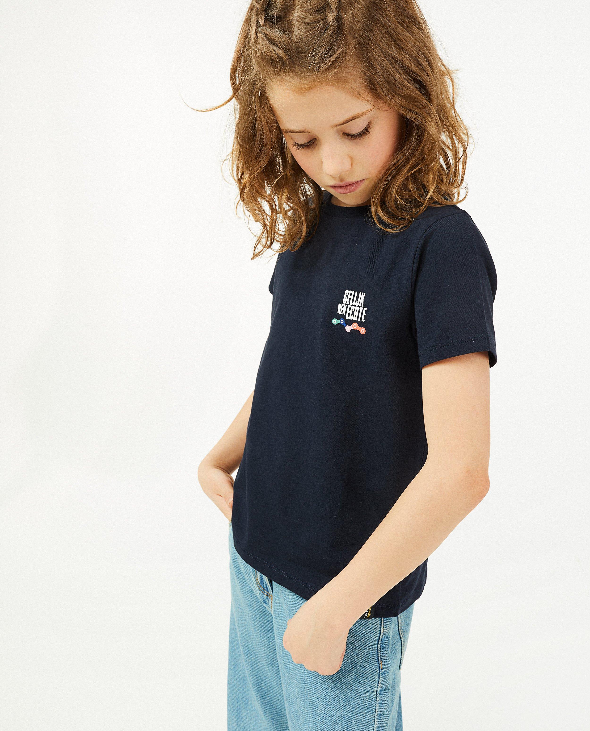 'Gelijk nen Echte'-T-shirt, 7-14 jaar - met print - Kom op tegen Kanker